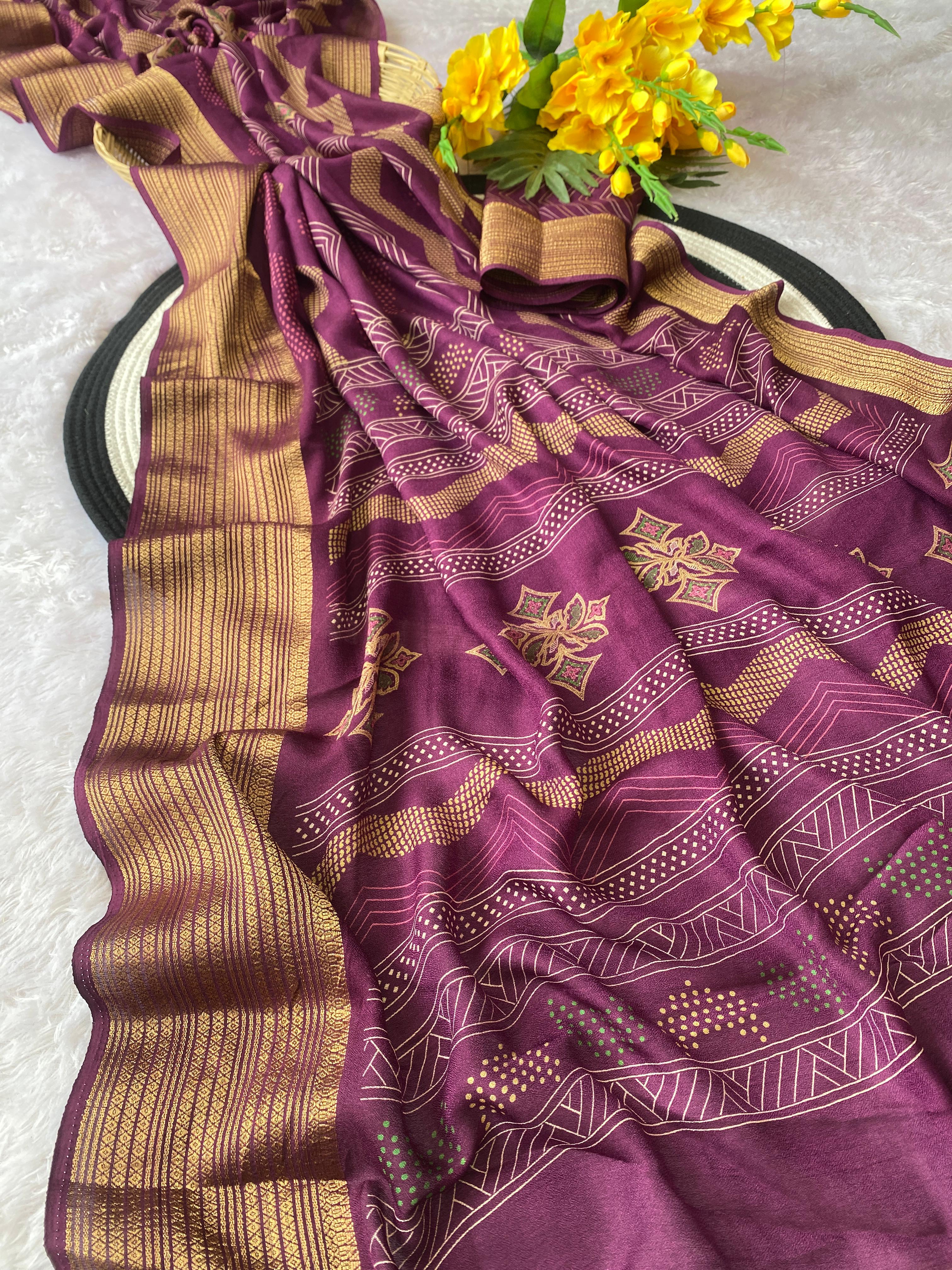 Elegant Banarasi Style Wine Saree with Traditional Gold Woven Border and Motifs