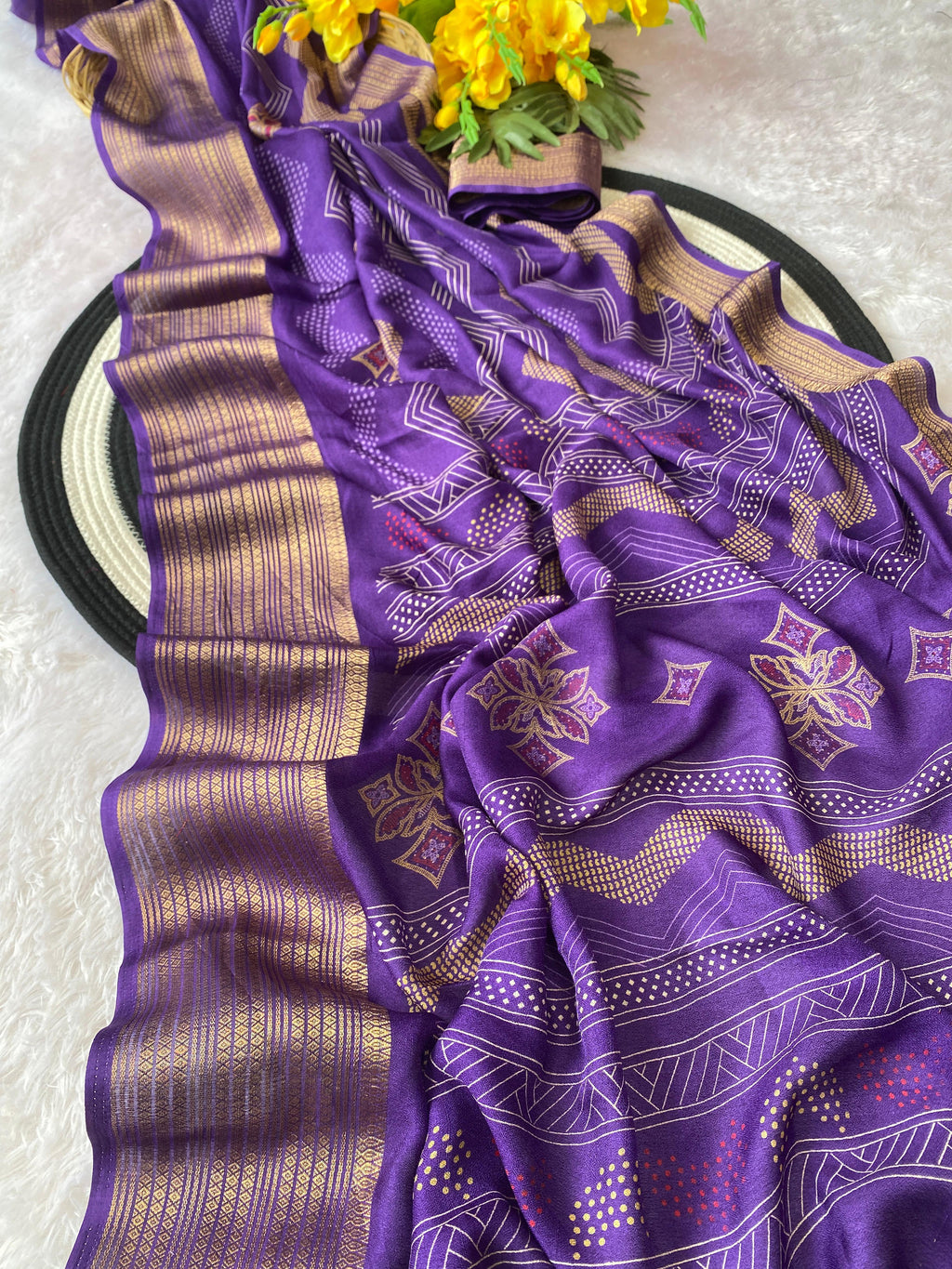 Elegant Banarasi Style purple Saree with Traditional Gold Woven Border and Motifs