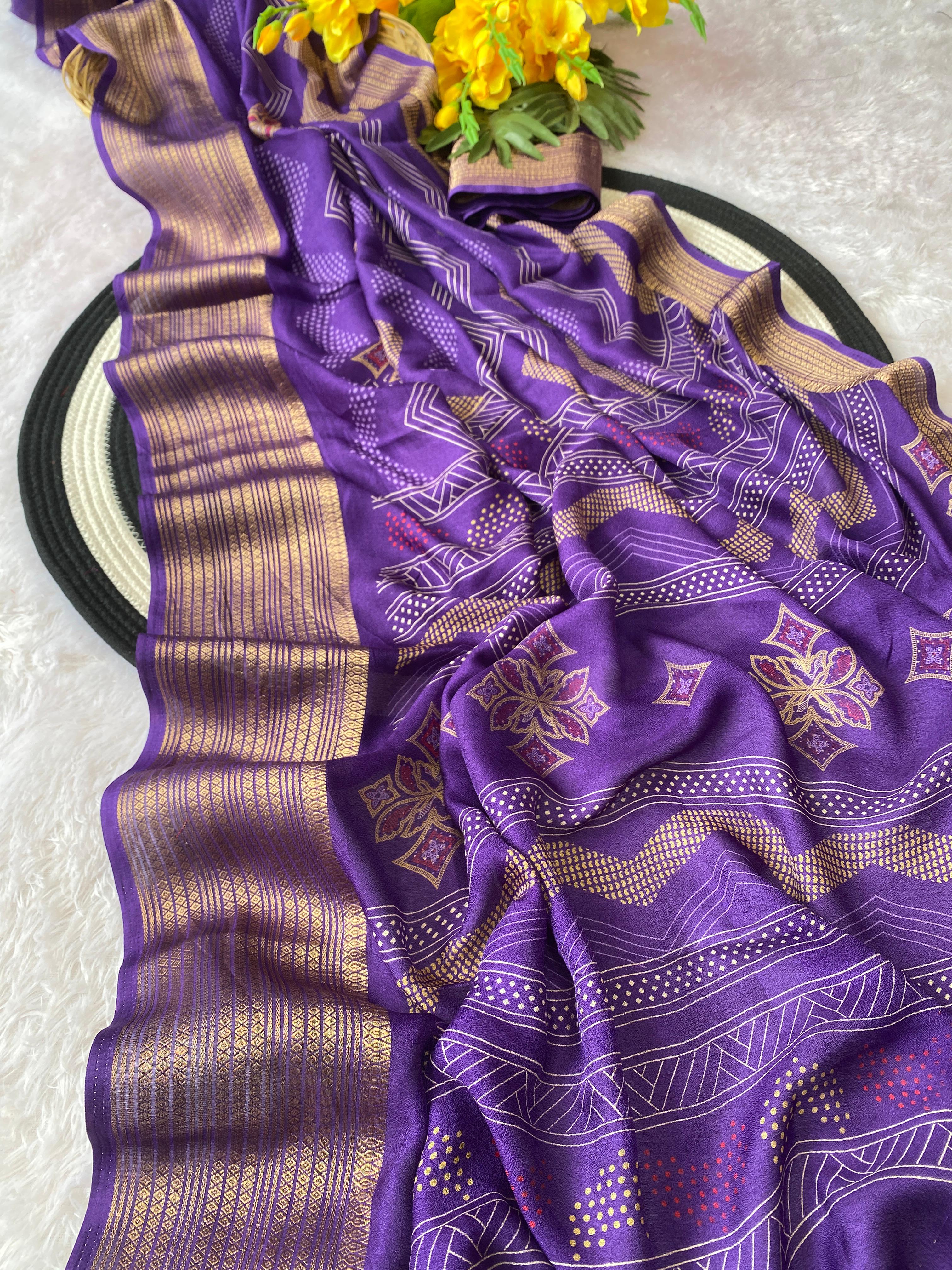 Elegant Banarasi Style purple Saree with Traditional Gold Woven Border and Motifs