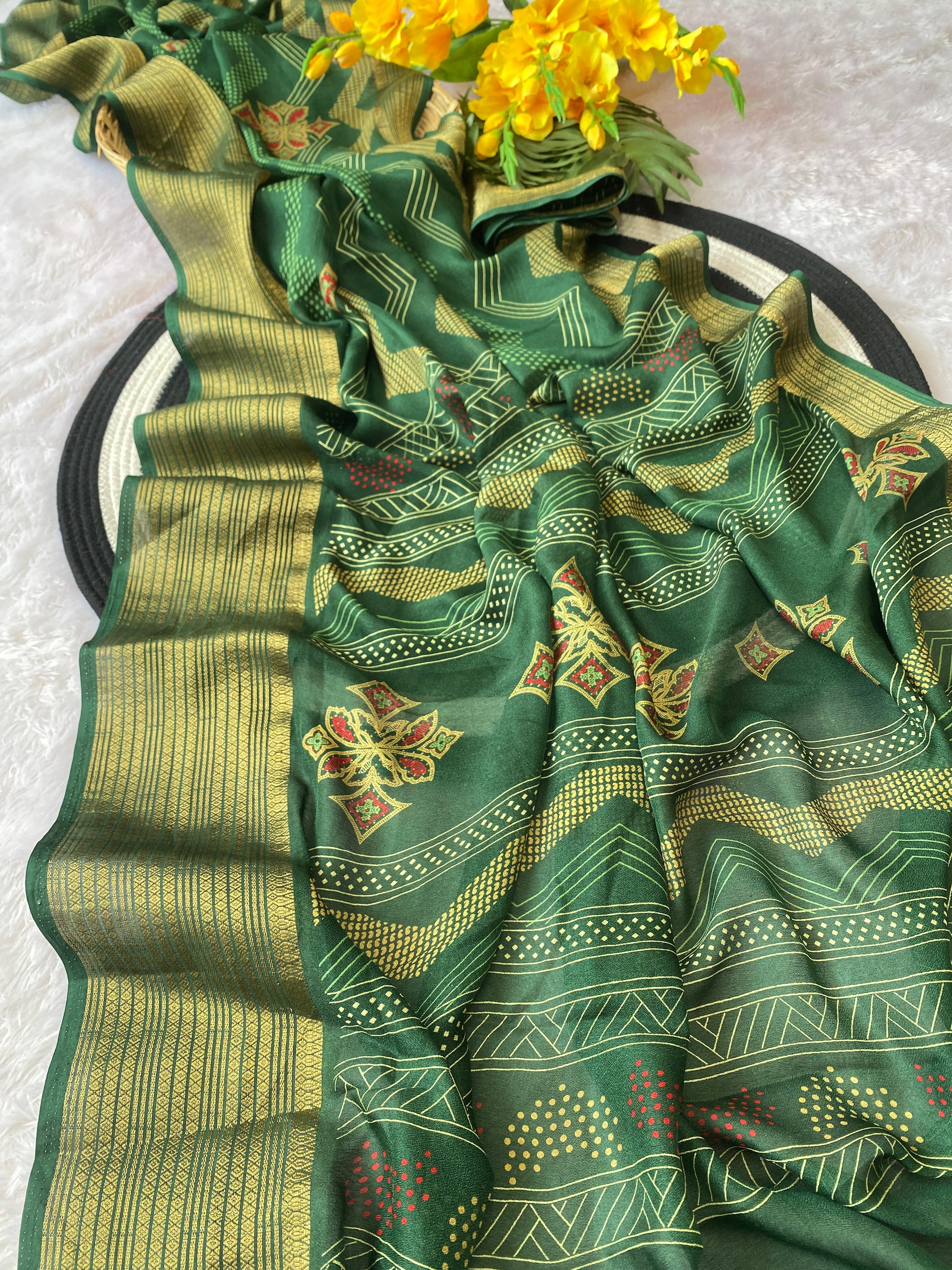 Elegant Banarasi Style Green  Saree with Traditional Gold Woven Border and Motifs