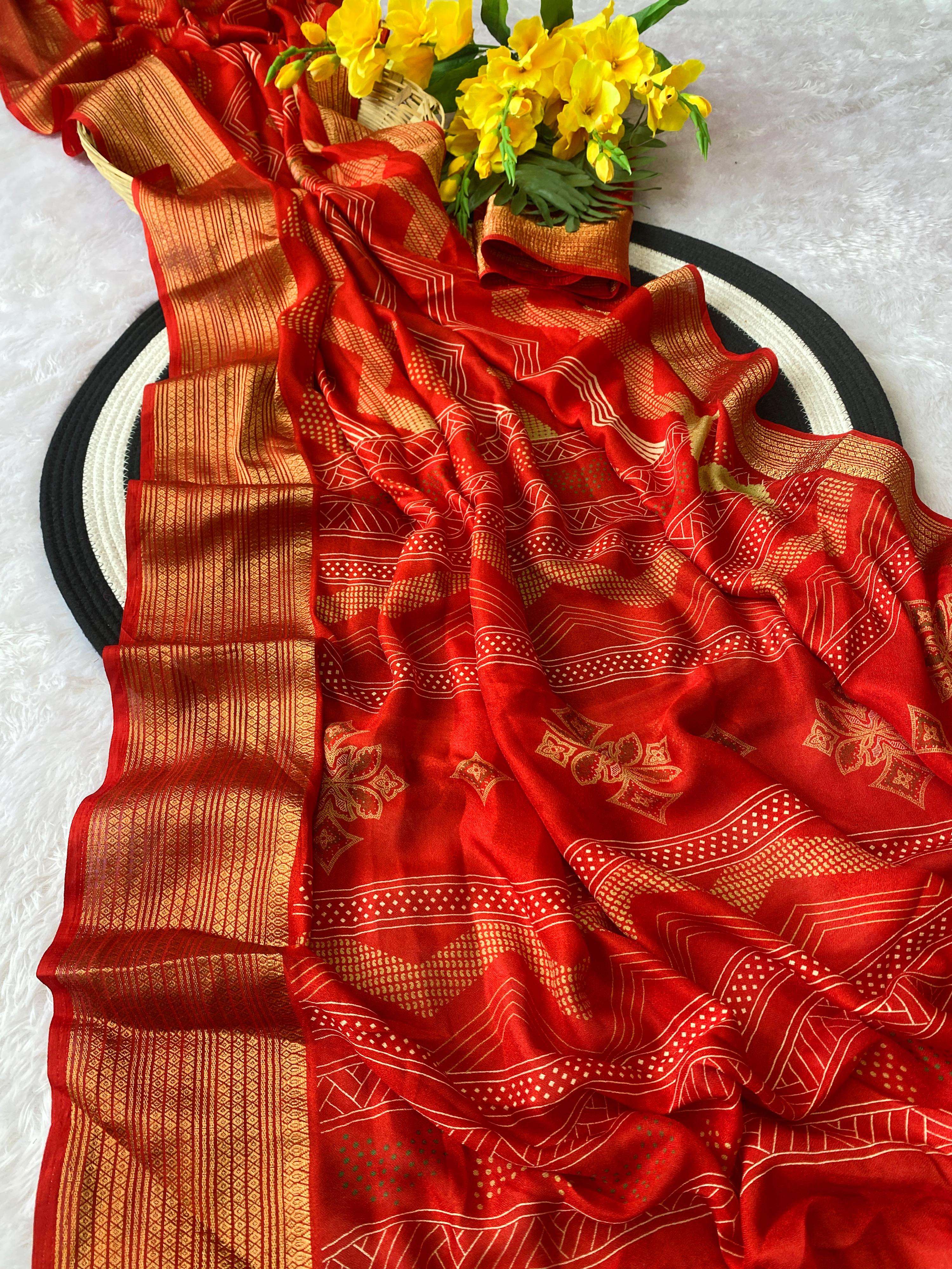 Elegant Banarasi Style Red  Saree with Traditional Gold Woven Border and Motifs