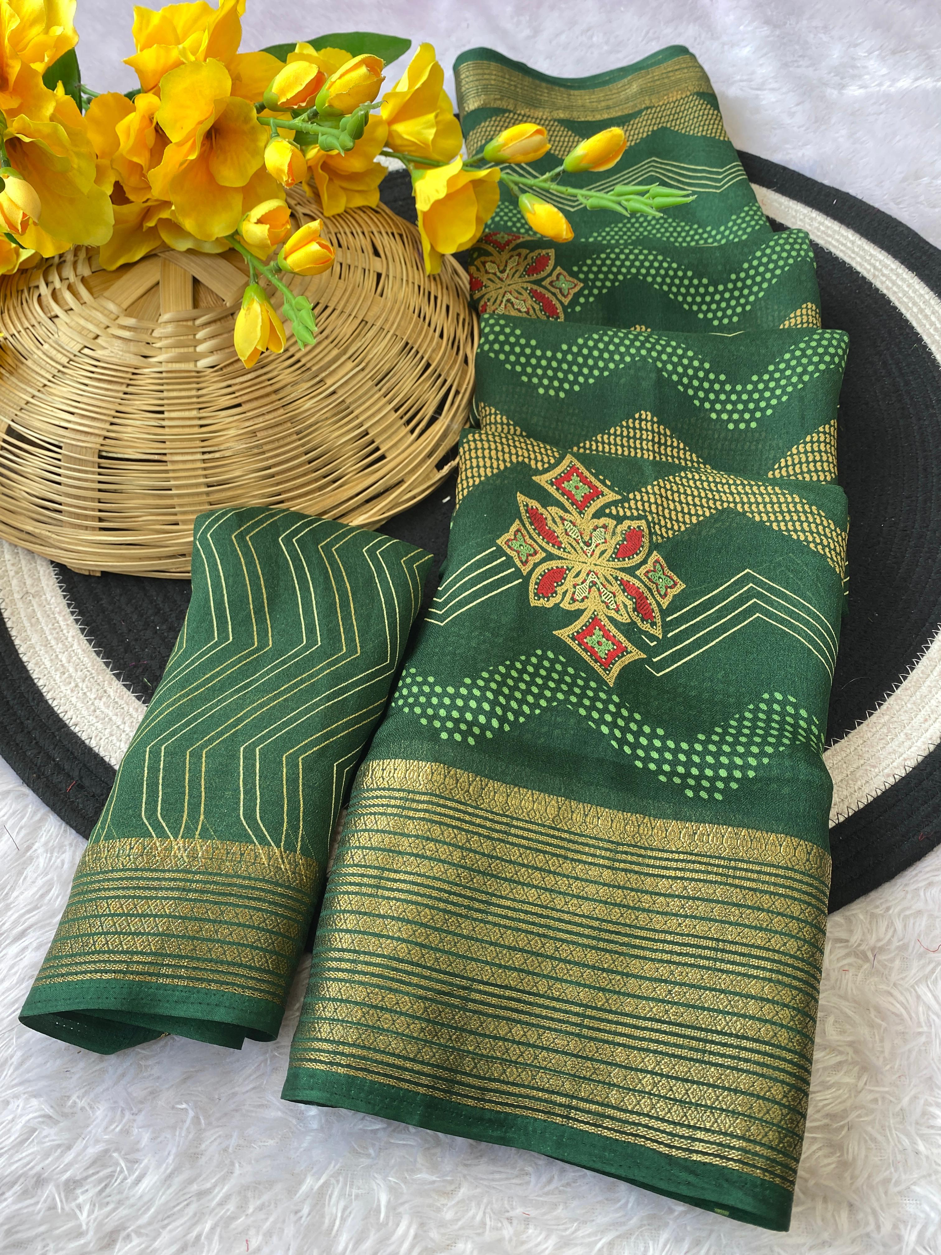 Elegant Banarasi Style Green  Saree with Traditional Gold Woven Border and Motifs