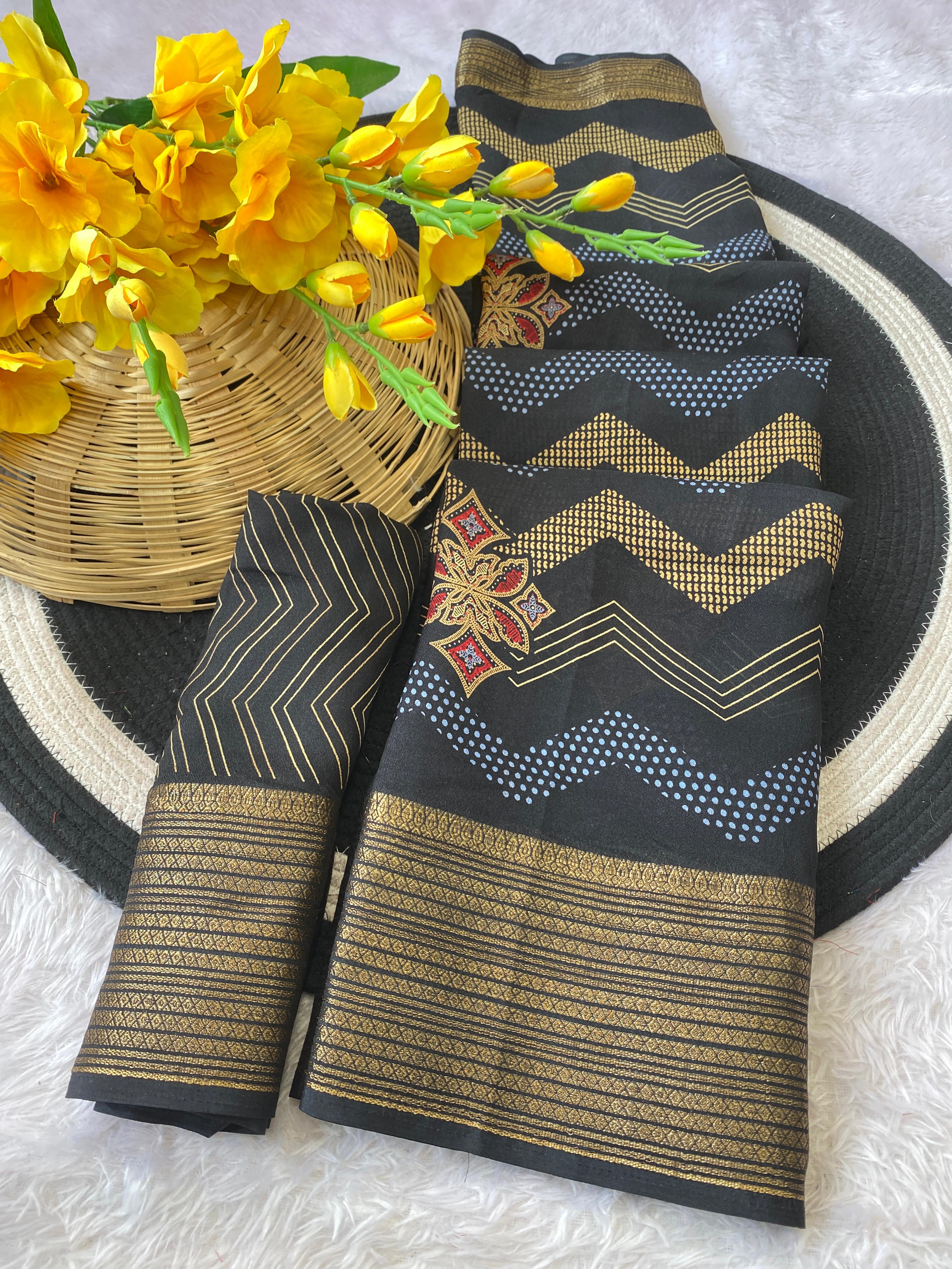 Elegant Banarasi Style Black Saree with Traditional Gold Woven Border and Motifs