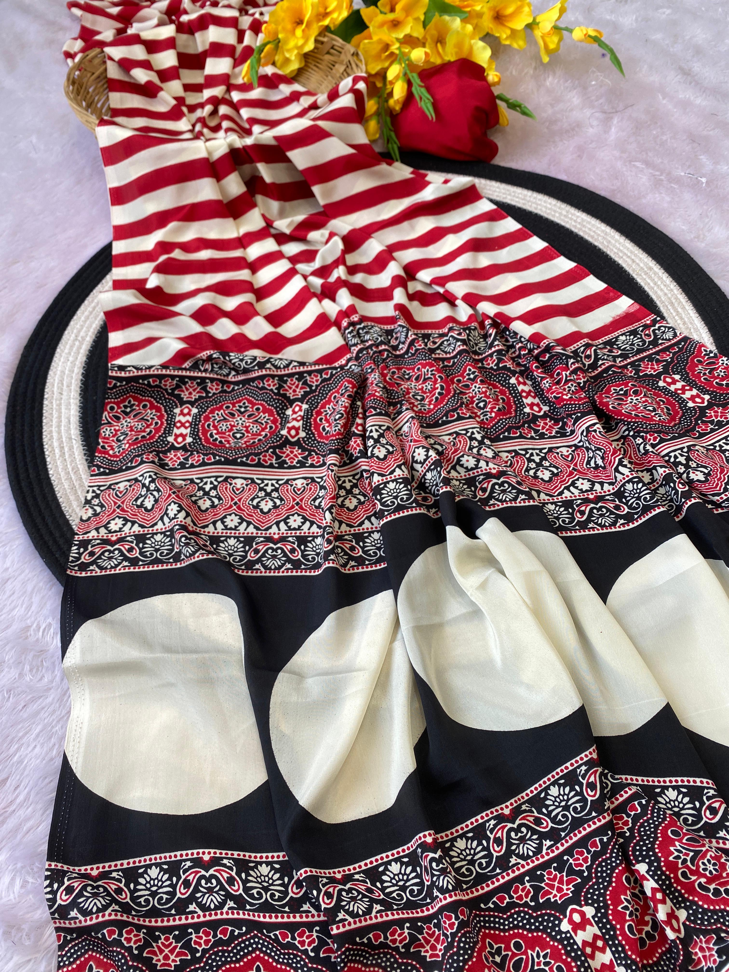 Latest Trendy Digital Printed Red Cinnon Silk Saree with Blouse for Parties Functions Festival Regural wear Saree for Girls and Ladies
