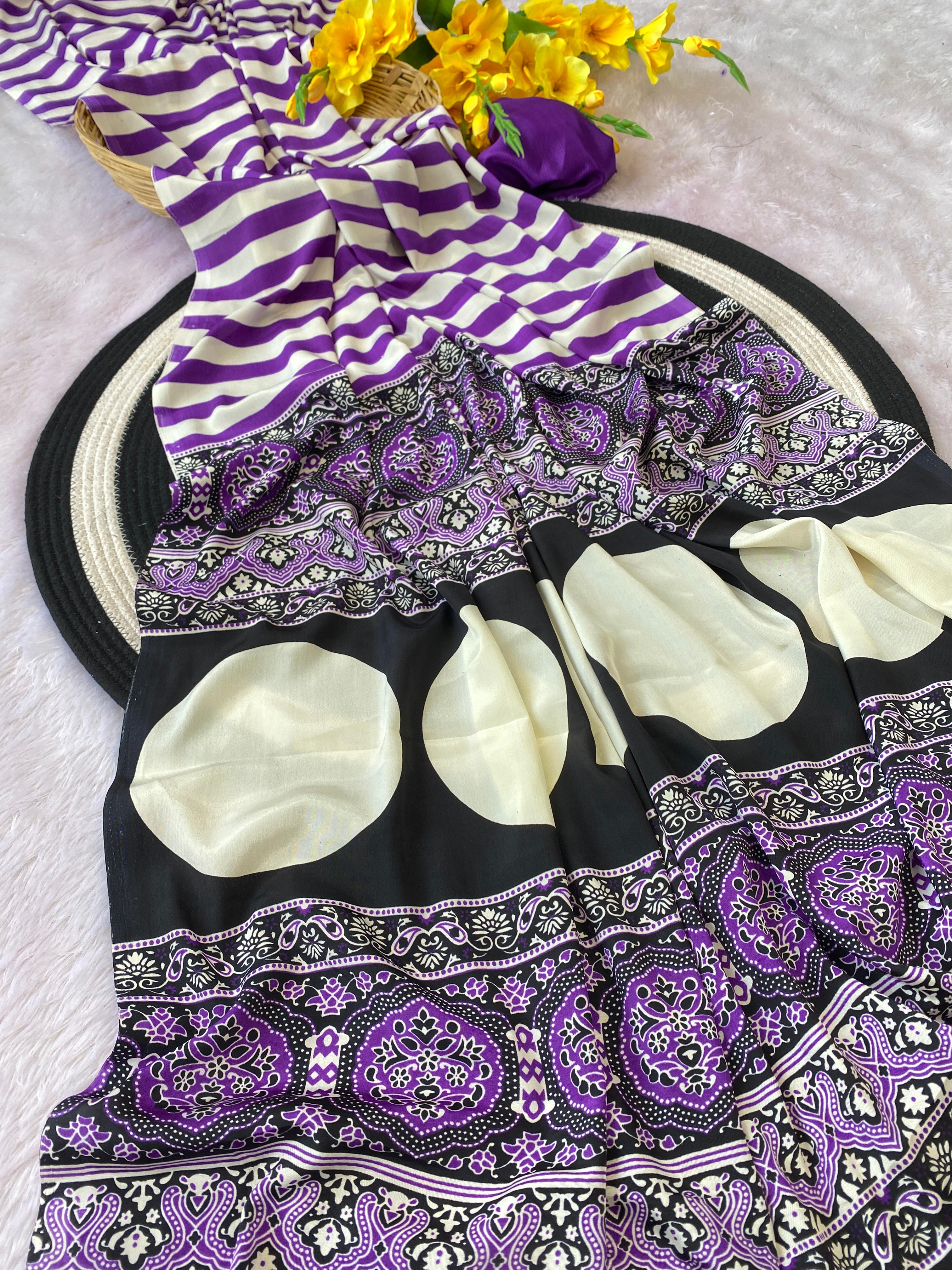 Latest Trendy Digital Printed Purple Cinnon Silk Saree with Blouse for Parties Functions Festival Regural wear Saree for Girls and Ladies