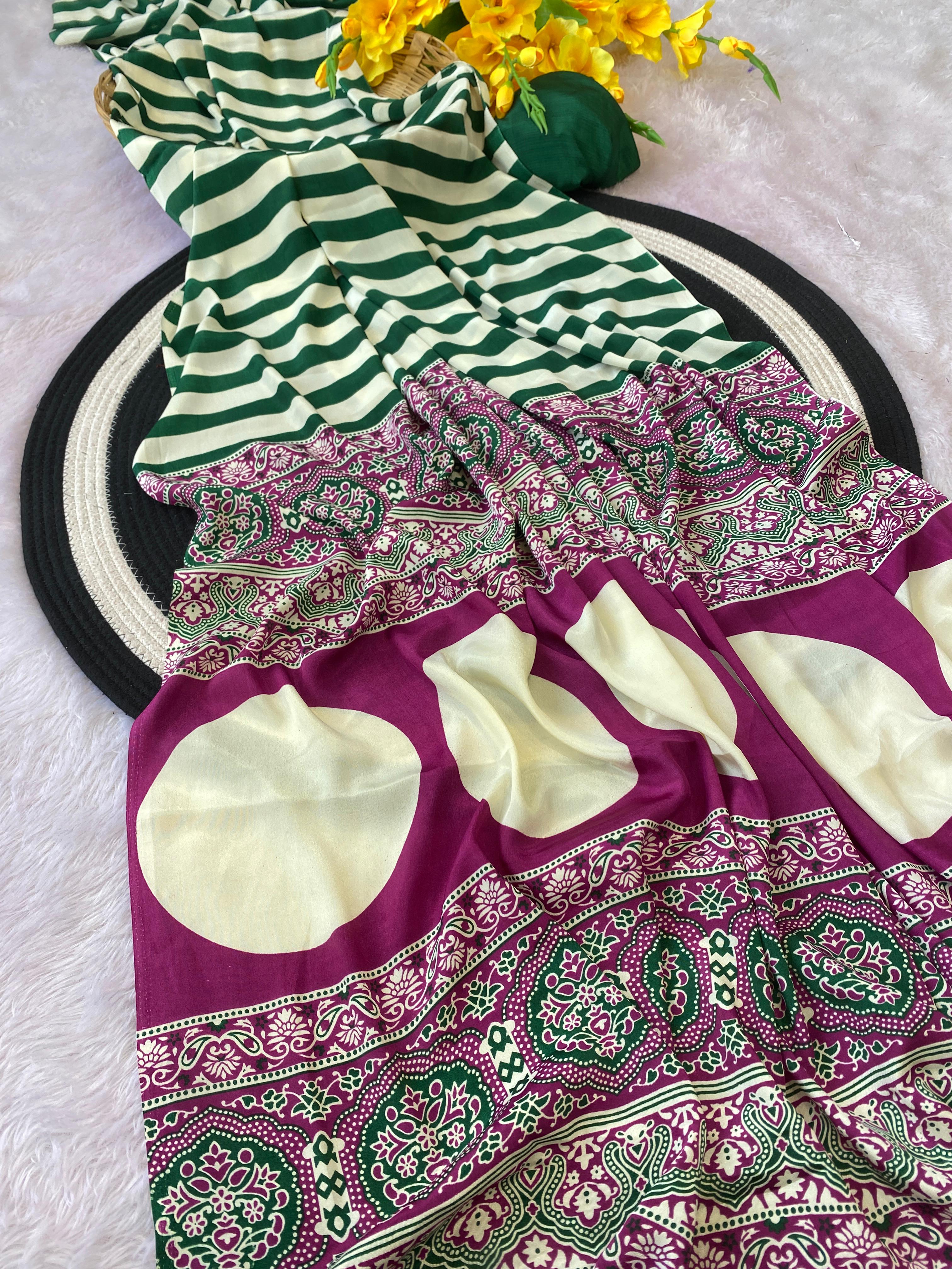 Latest Trendy Digital Printed Green  Cinnon Silk Saree with Blouse for Parties Functions Festival Regural wear Saree for Girls and Ladies