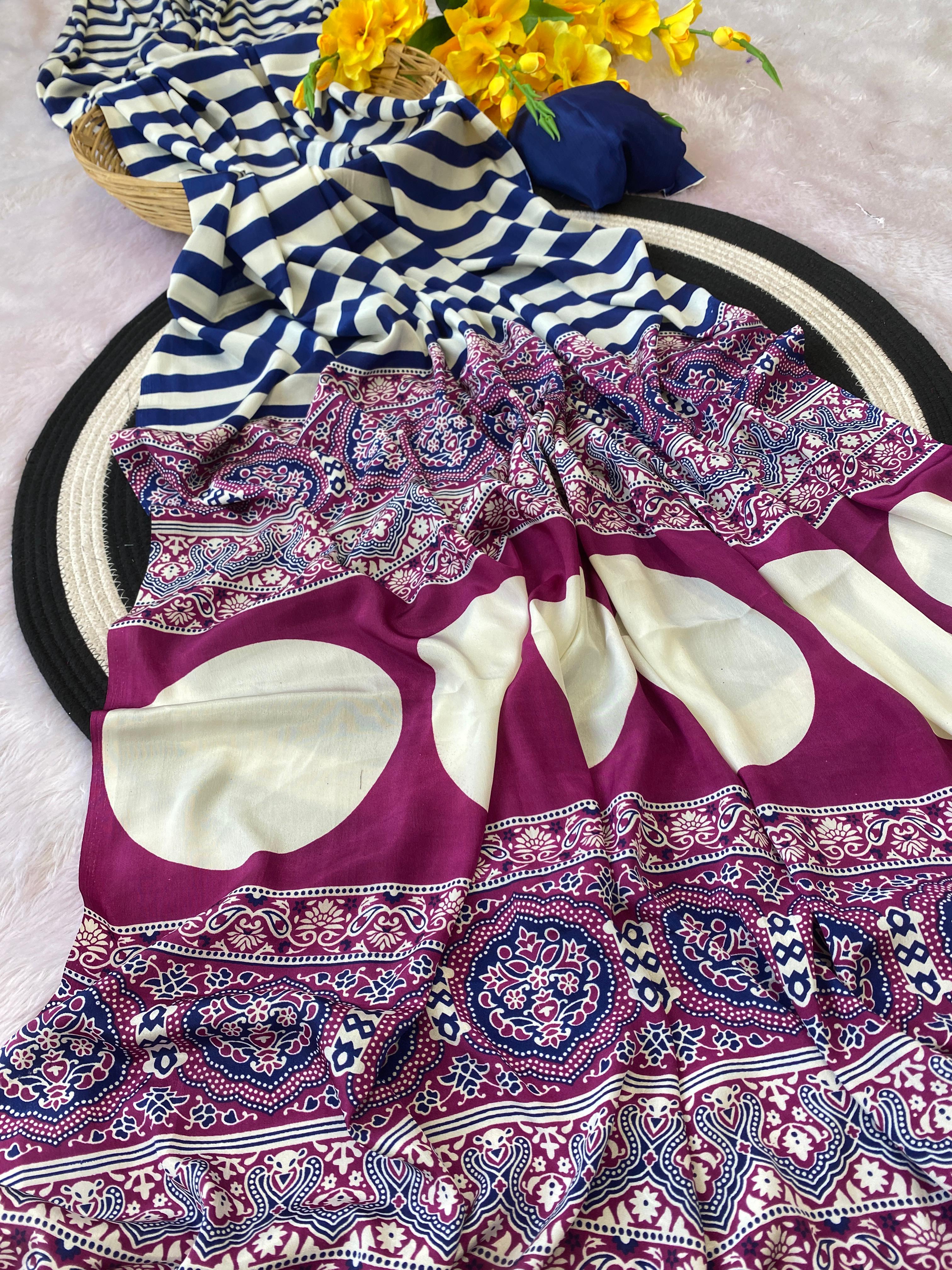 Latest Trendy Digital Printed Blue Cinnon Silk Saree with Blouse for Parties Functions Festival Regural wear Saree for Girls and Ladies