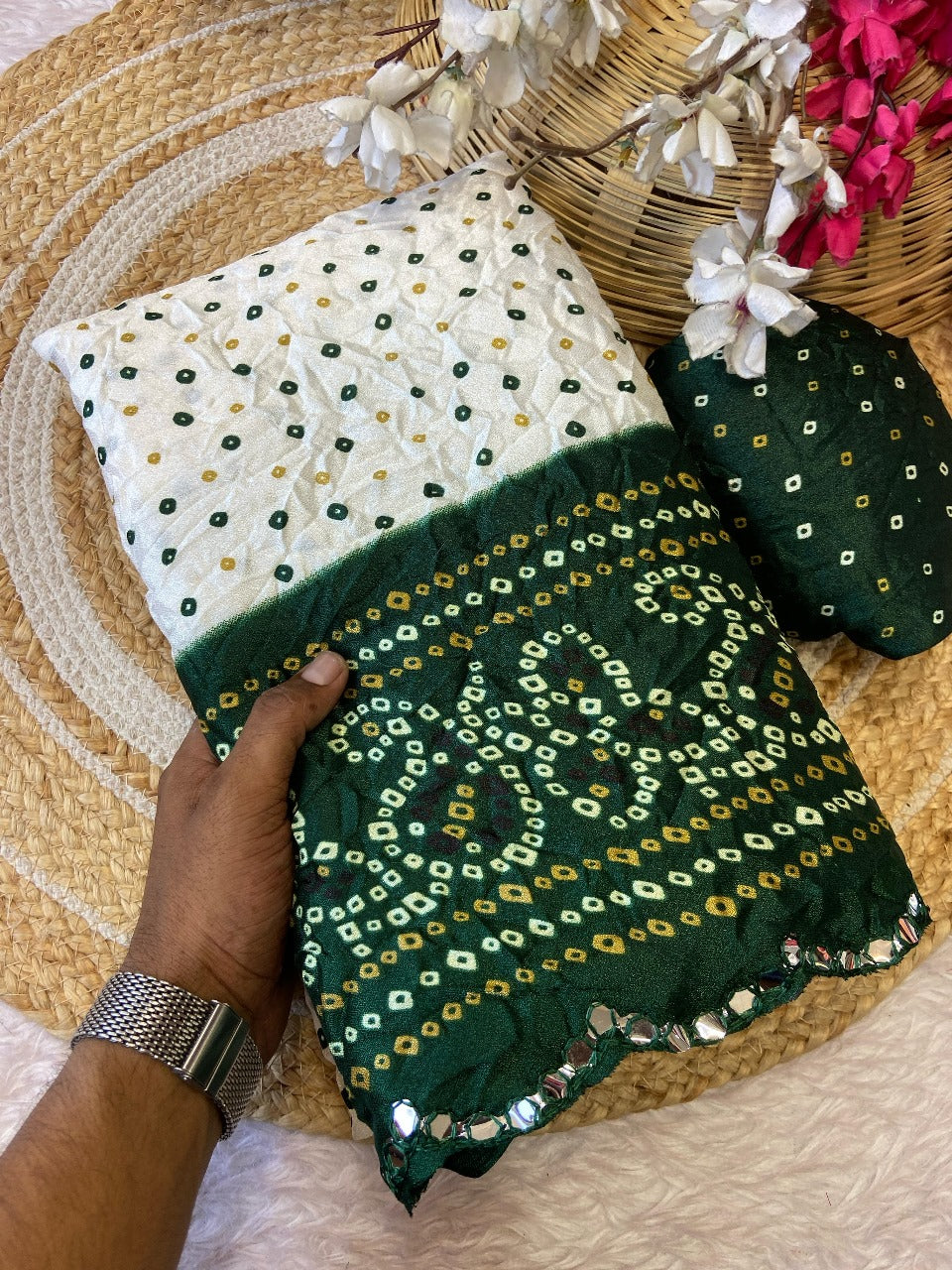 Embroidered Mirror Work Green Fabric & Coordinated Headwrap