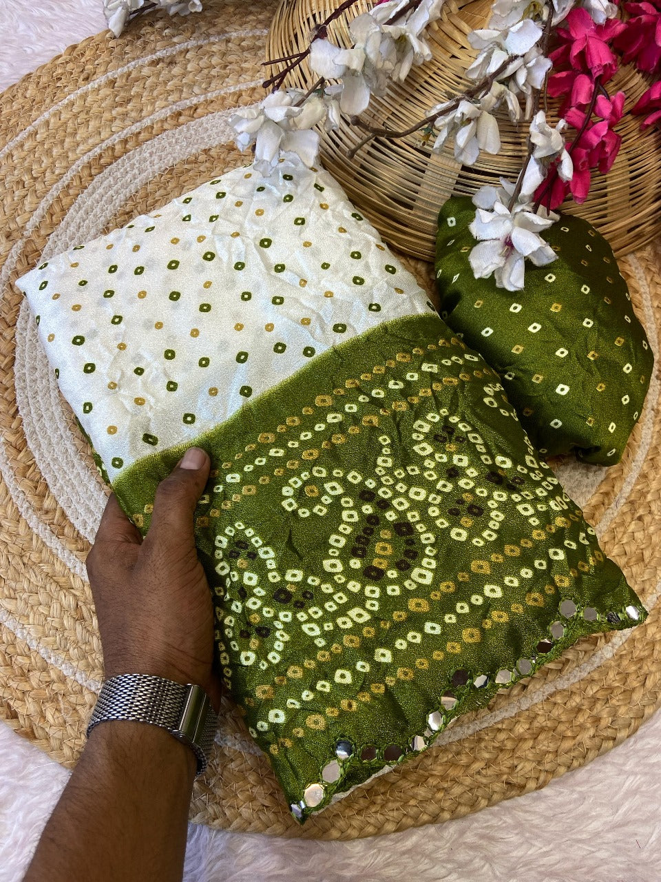 Embroidered Mirror Work Olive Green Fabric & Coordinated Headwrap