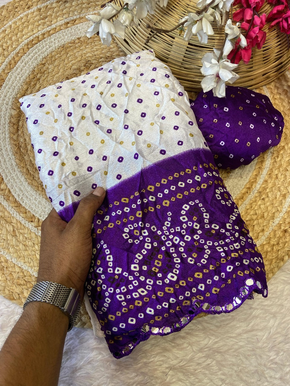 Embroidered Mirror Work Purple Fabric & Coordinated Headwrap