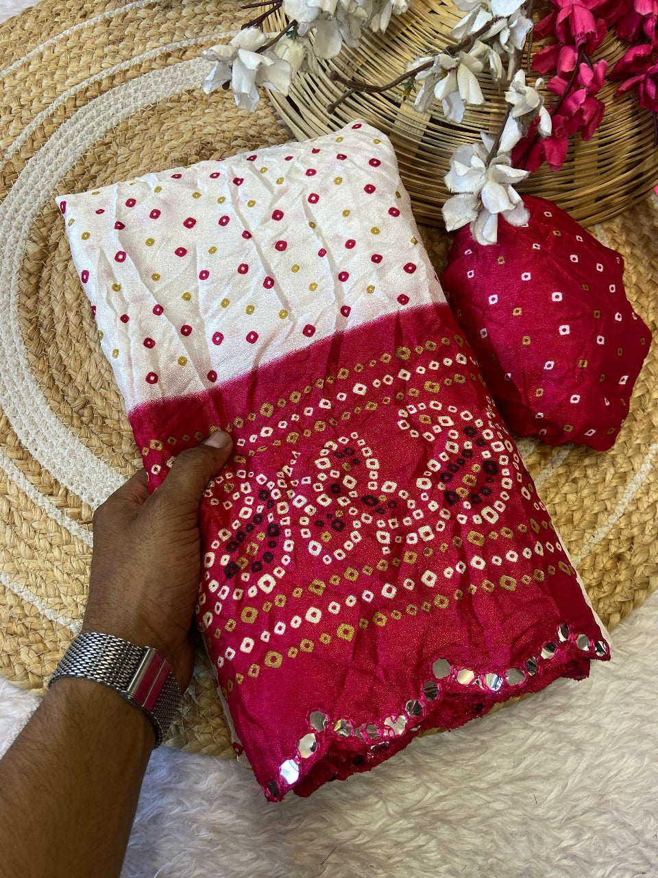 Embroidered Mirror Work Red Saree Marshmellow Silk Fabric & Coordinated Headwrap