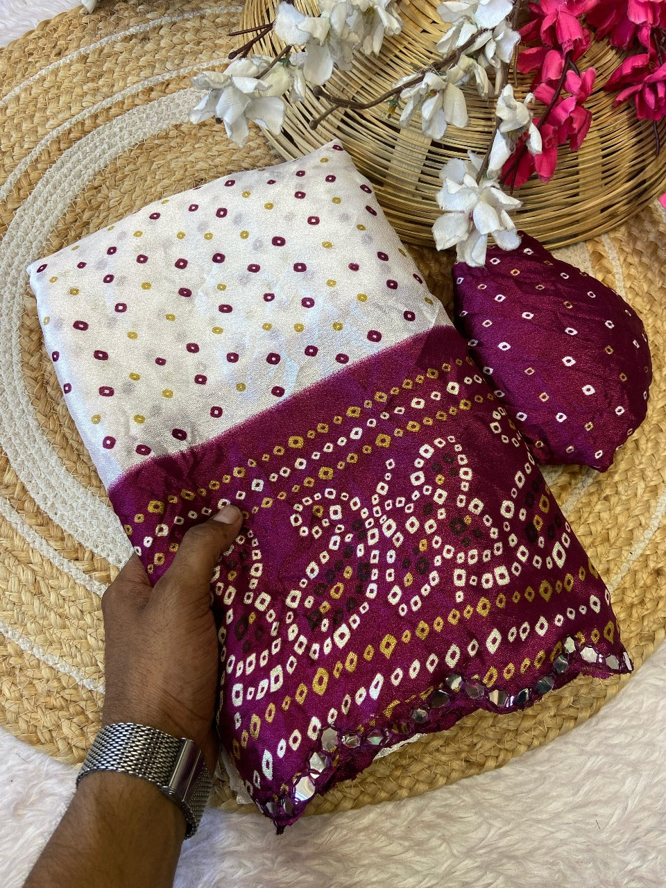 Embroidered Mirror Work Wine Saree Marshmellow Silk Fabric & Coordinated Headwrap