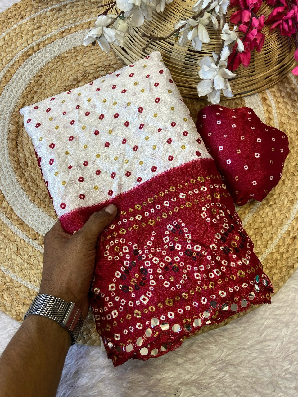 Embroidered Mirror Work Maroon Fabric & Coordinated Headwrap