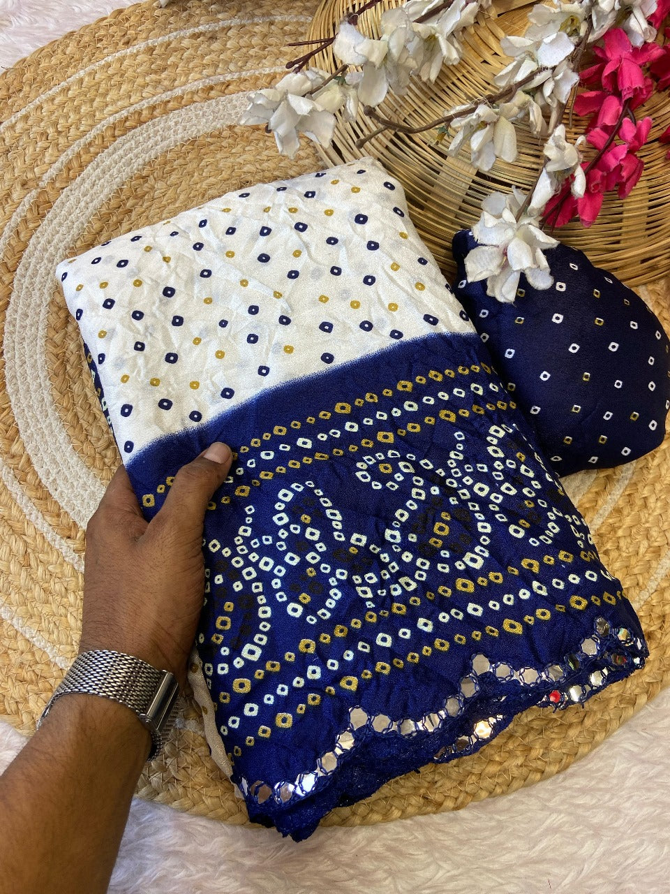 Embroidered Mirror Work Blue Fabric & Coordinated Headwrap