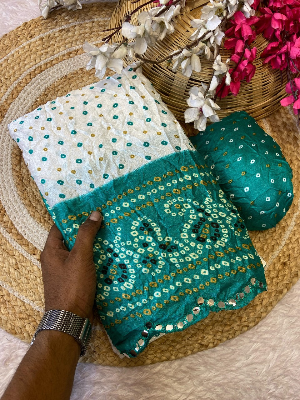 Embroidered Mirror Work Rama Saree Marshmellow Silk Fabric & Coordinated Headwrap