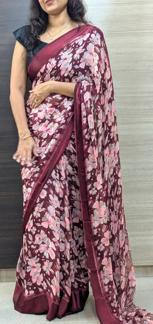 Elegant Moss Silk Floral Printed Maroon Saree with Satin Border & Designer Pallu | Running Blouse Piece