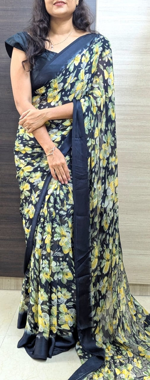 Elegant Moss Silk Floral Printed NavyBlue Saree with Satin Border & Designer Pallu | Running Blouse Piece
