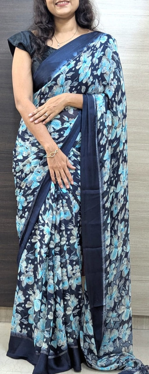 Elegant Moss Silk Floral Printed Blue Saree with Satin Border & Designer Pallu | Running Blouse Piece