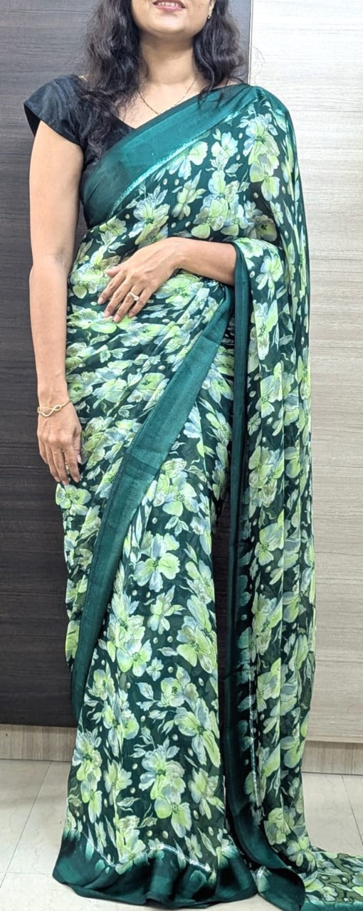 Elegant Moss Silk Floral Printed Green Saree with Satin Border & Designer Pallu | Running Blouse Piece
