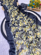 Elegant Moss Silk Floral Printed NavyBlue Saree with Satin Border & Designer Pallu | Running Blouse Piece