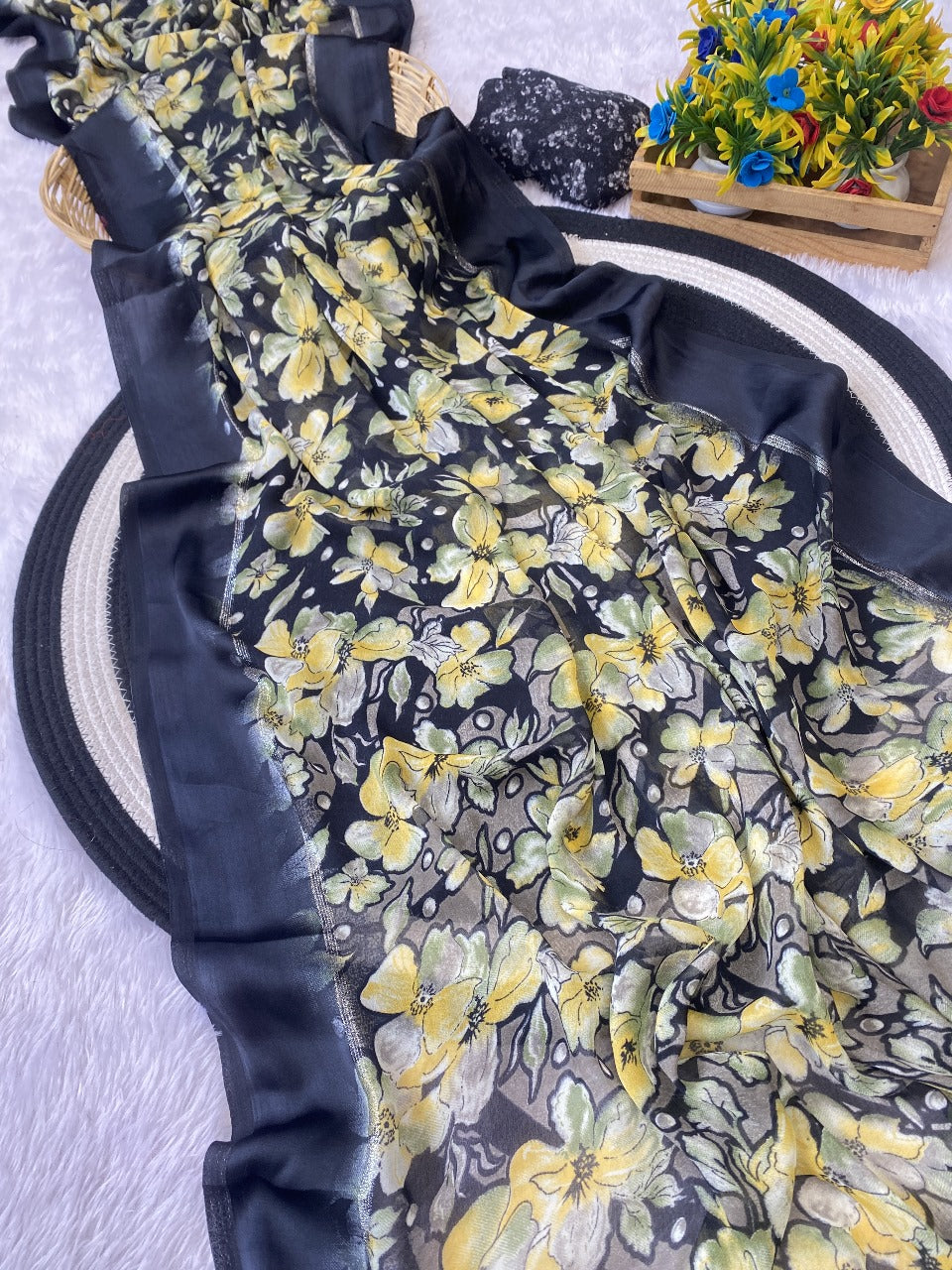Elegant Moss Silk Floral Printed NavyBlue Saree with Satin Border & Designer Pallu | Running Blouse Piece