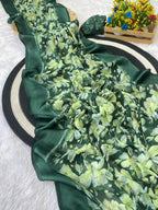 Elegant Moss Silk Floral Printed Green Saree with Satin Border & Designer Pallu | Running Blouse Piece