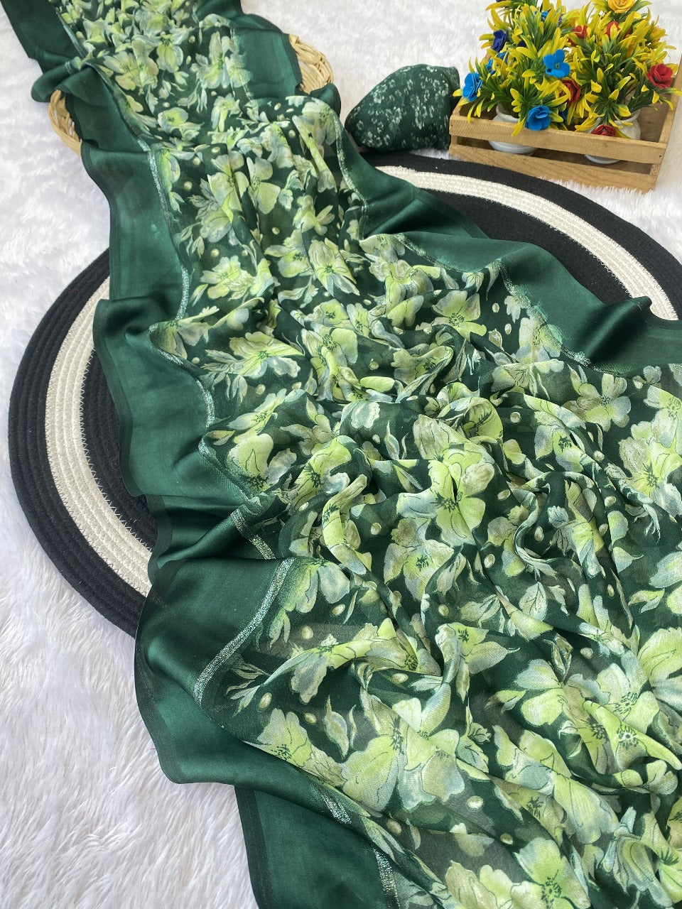 Elegant Moss Silk Floral Printed Green Saree with Satin Border & Designer Pallu | Running Blouse Piece