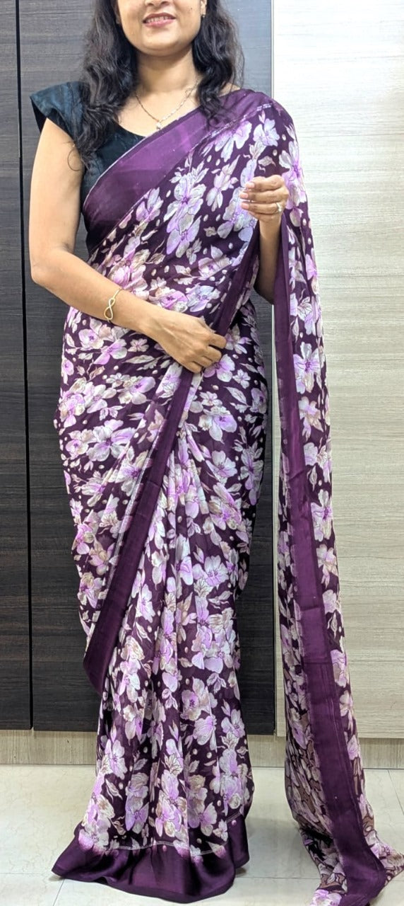 Elegant Moss Silk Floral Printed Purple Saree with Satin Border & Designer Pallu | Running Blouse Piece