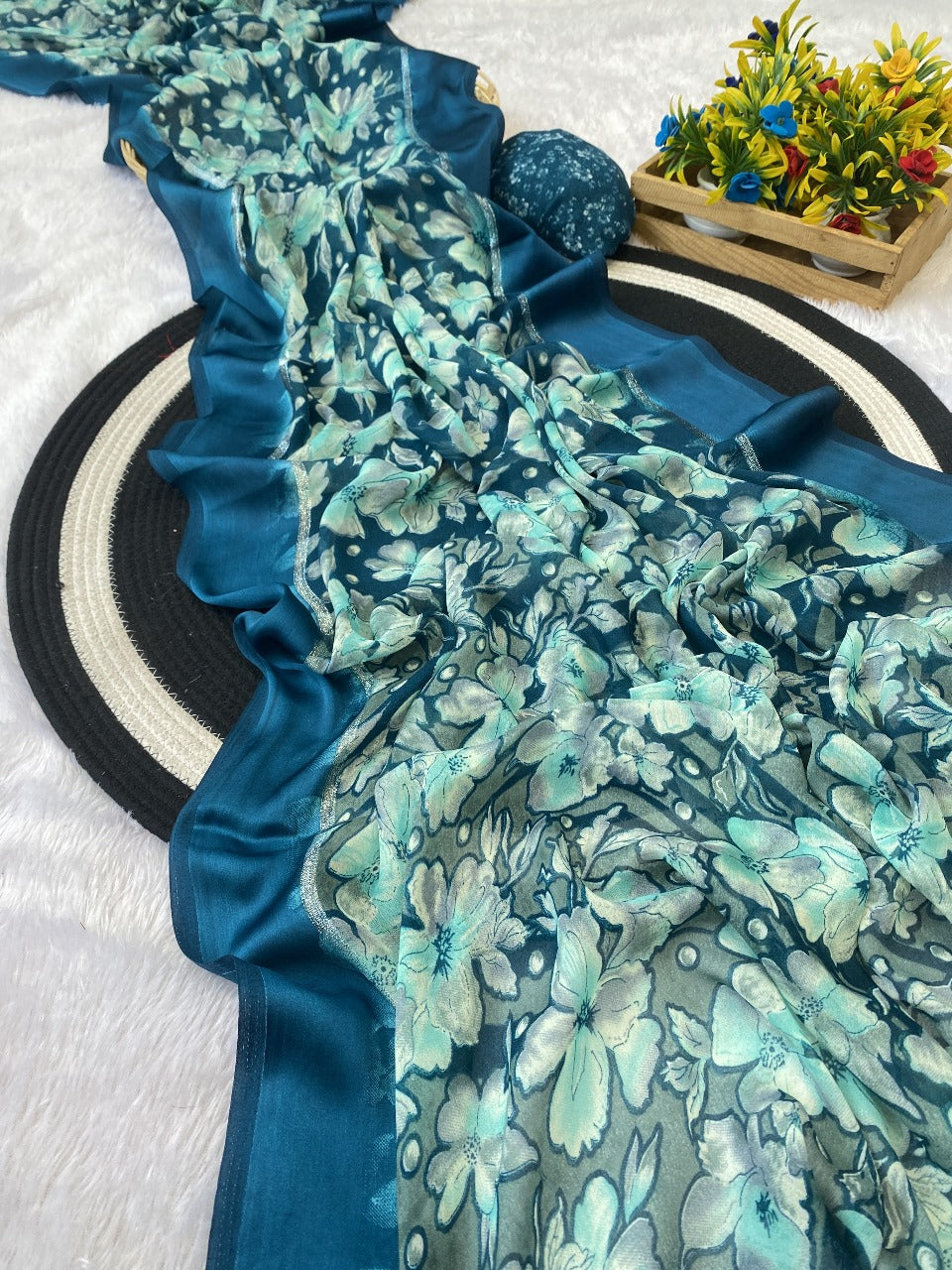 Elegant Moss Silk Floral Printed Aqua Blue Saree with Satin Border & Designer Pallu | Running Blouse Piece