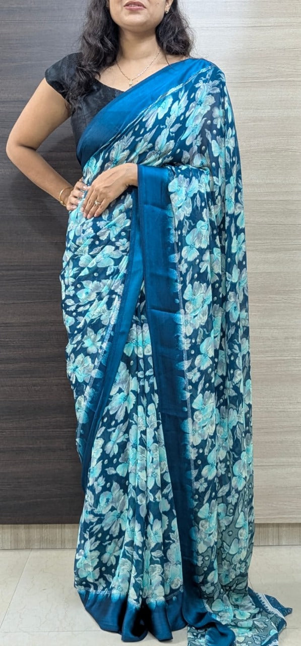 Elegant Moss Silk Floral Printed Aqua Blue Saree with Satin Border & Designer Pallu | Running Blouse Piece
