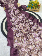 Elegant Moss Silk Floral Printed Purple Saree with Satin Border & Designer Pallu | Running Blouse Piece