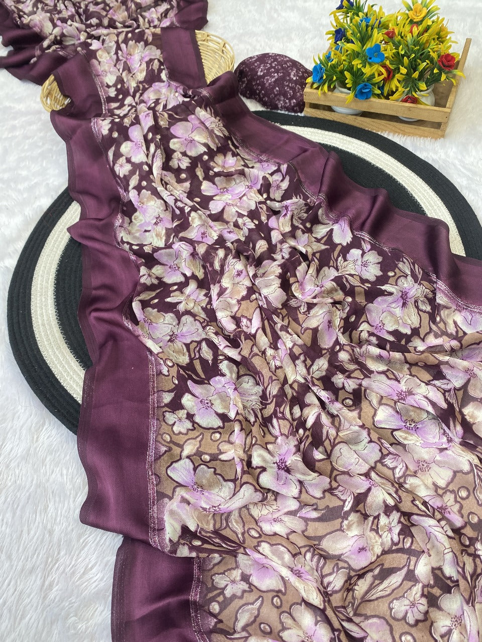 Elegant Moss Silk Floral Printed Purple Saree with Satin Border & Designer Pallu | Running Blouse Piece