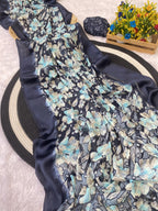Elegant Moss Silk Floral Printed Blue Saree with Satin Border & Designer Pallu | Running Blouse Piece