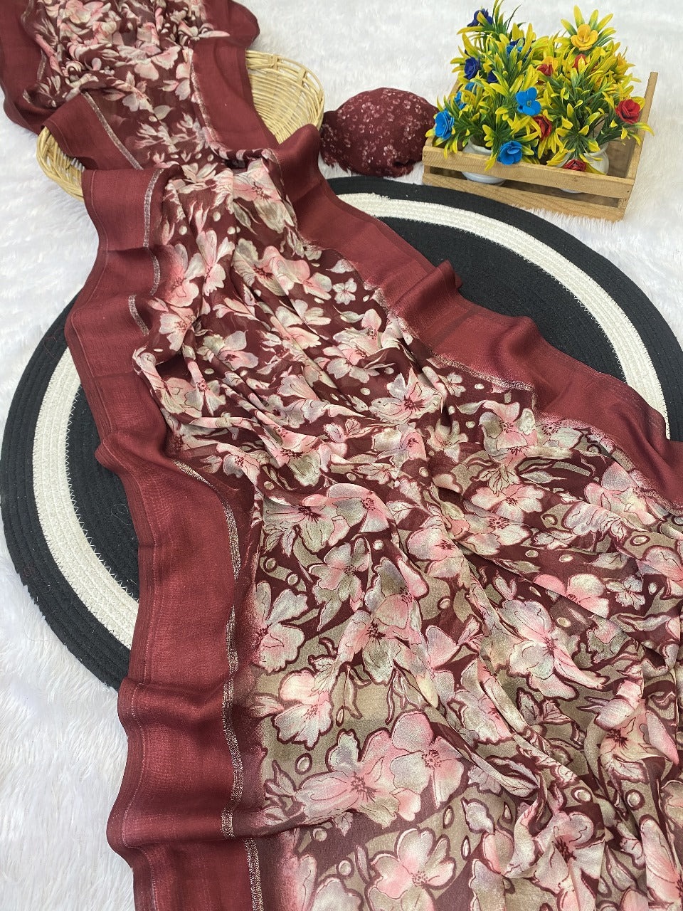 Elegant Moss Silk Floral Printed Maroon Saree with Satin Border & Designer Pallu | Running Blouse Piece