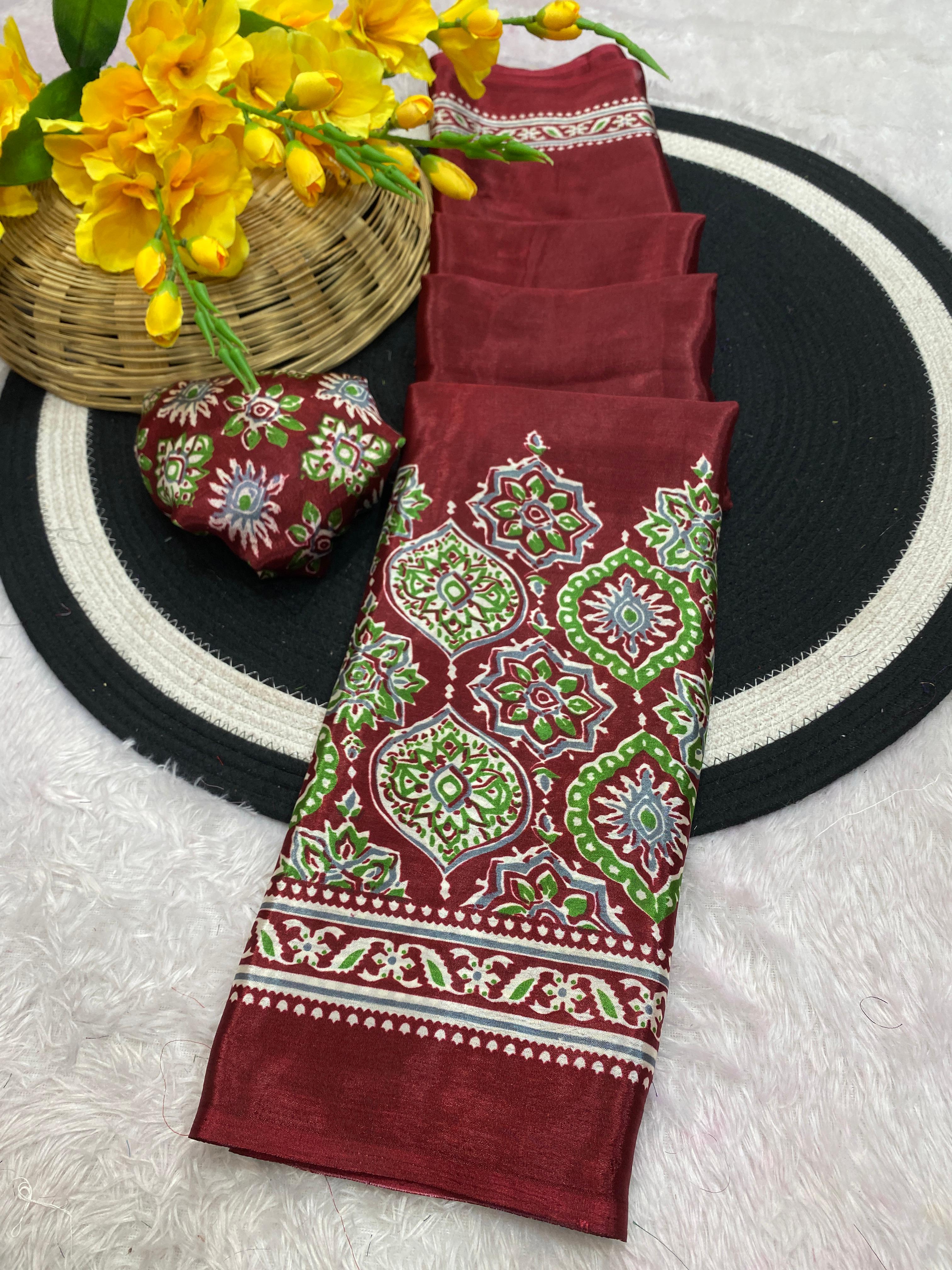 Bhandani Print Moss chiffon Maroon saree with mirror work Border