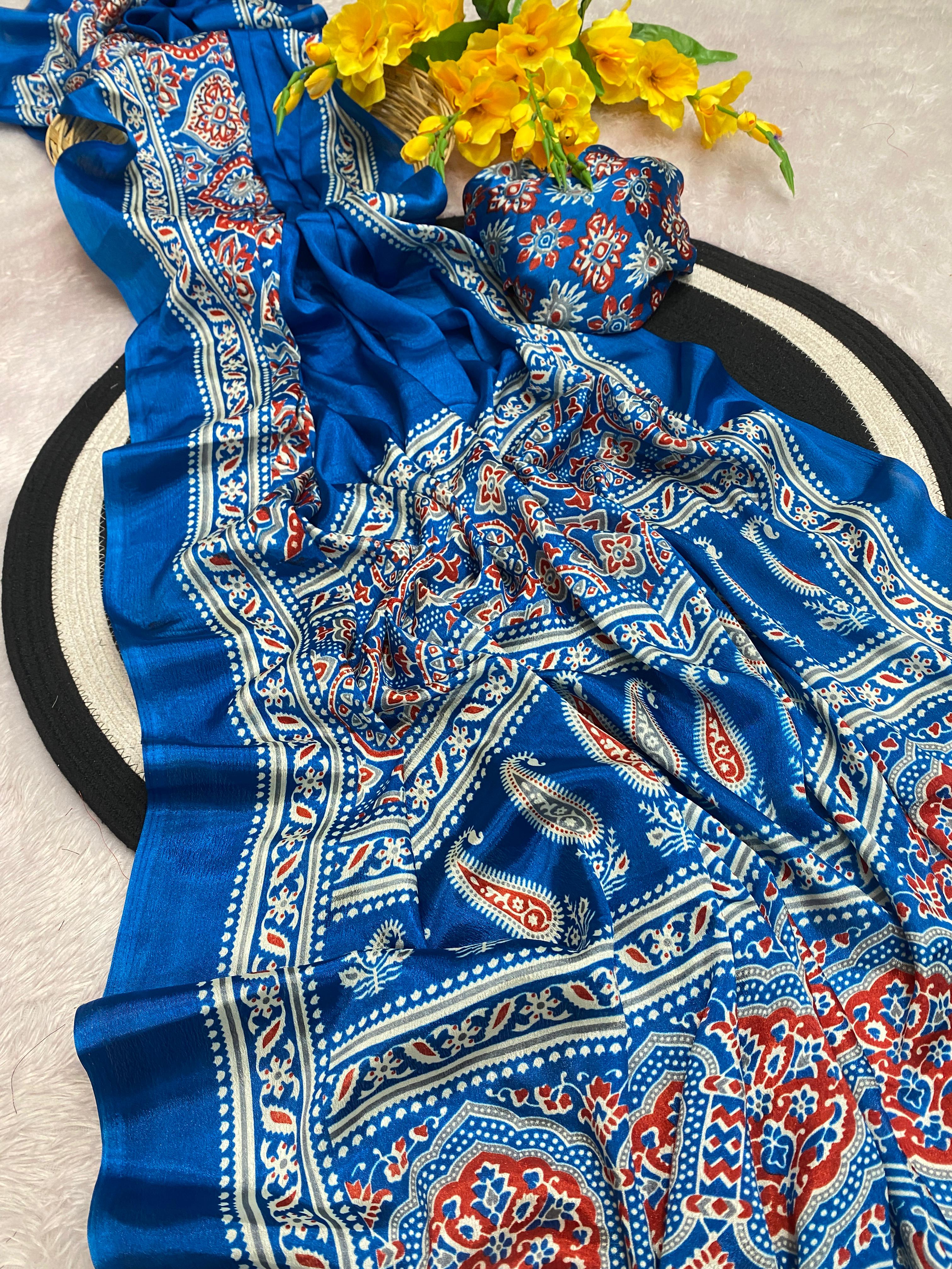 Bhandani Print Moss chiffon Blue saree with mirror work Border