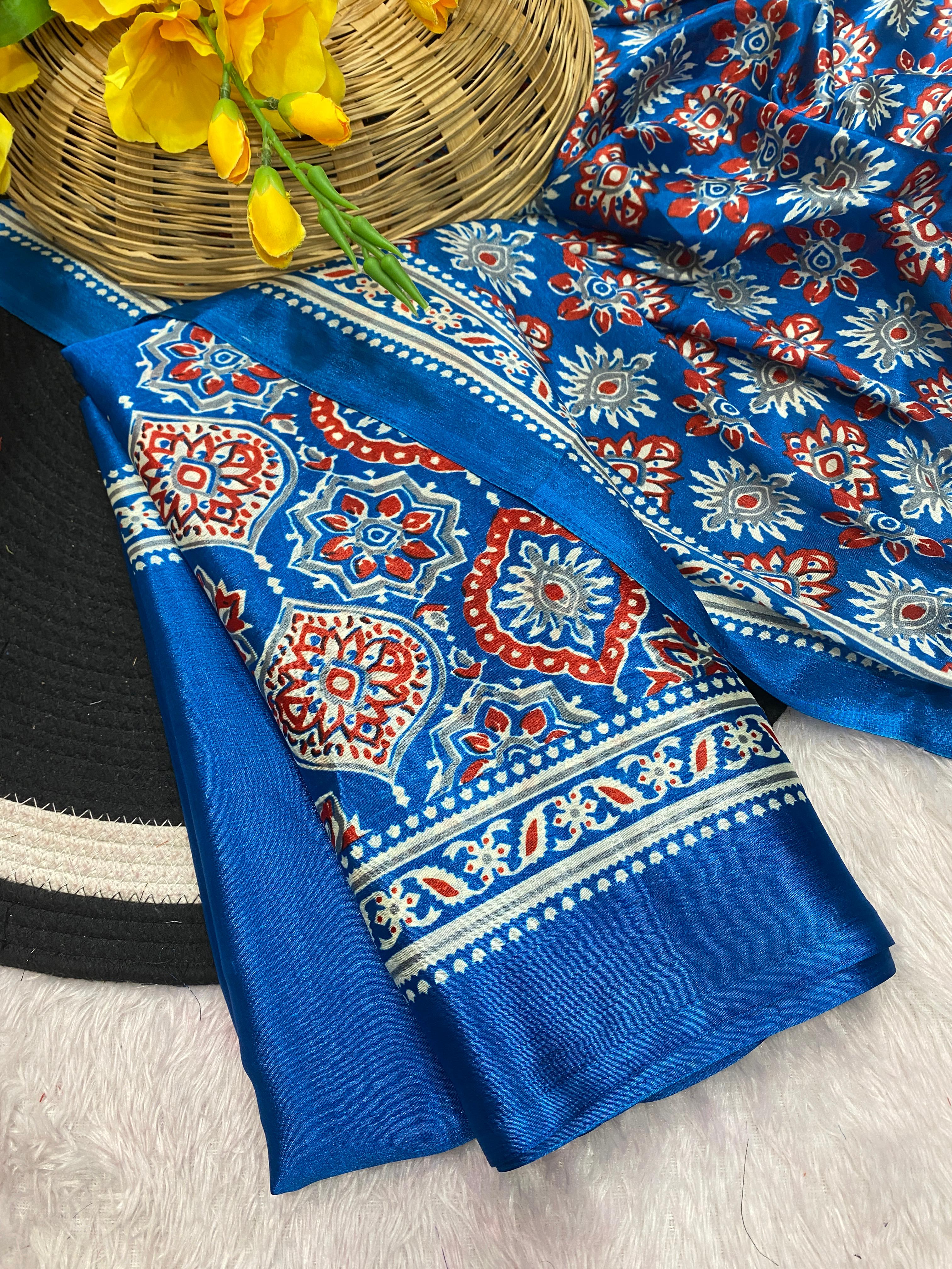Bhandani Print Moss chiffon Blue saree with mirror work Border