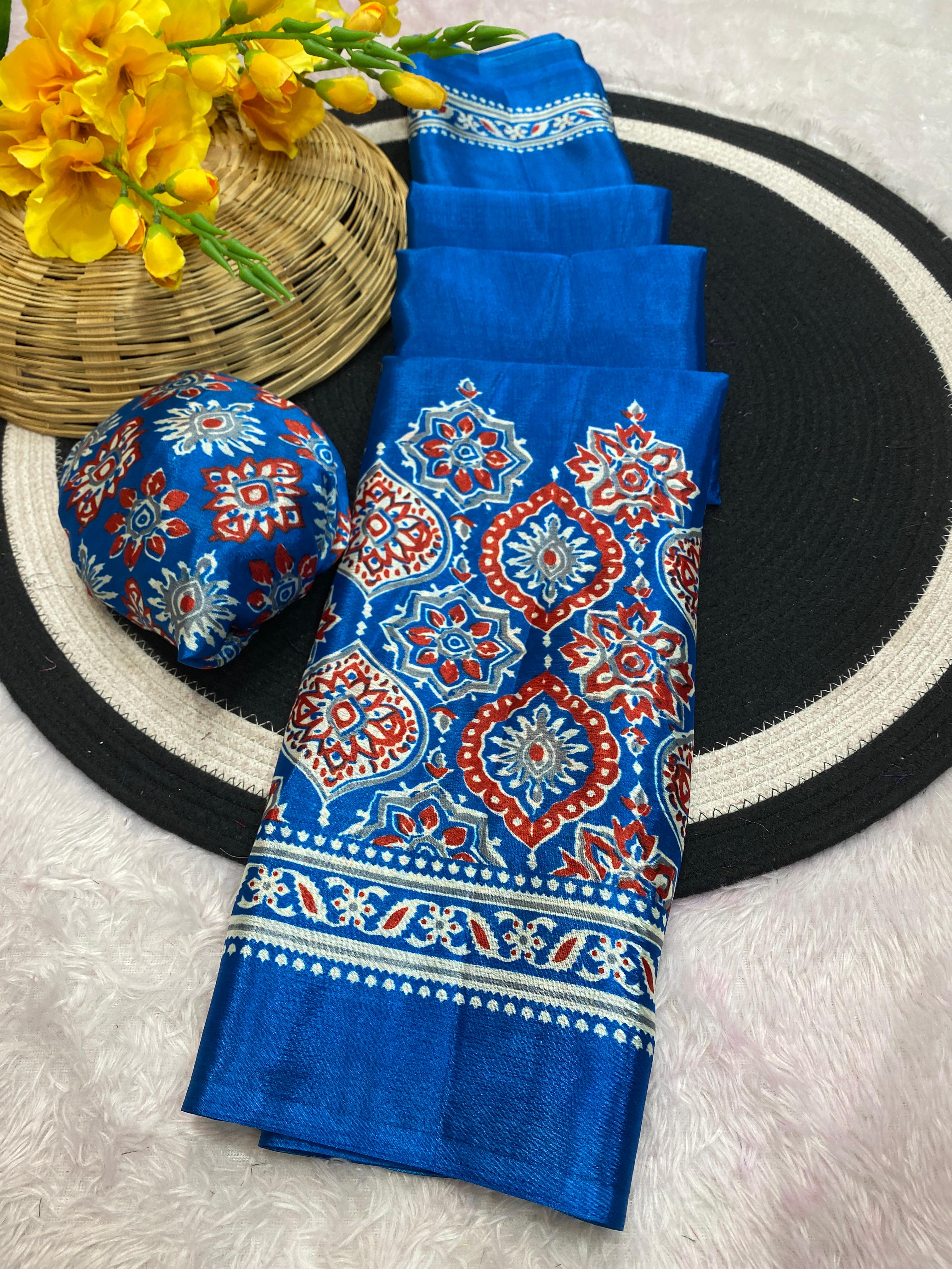 Bhandani Print Moss chiffon Blue saree with mirror work Border