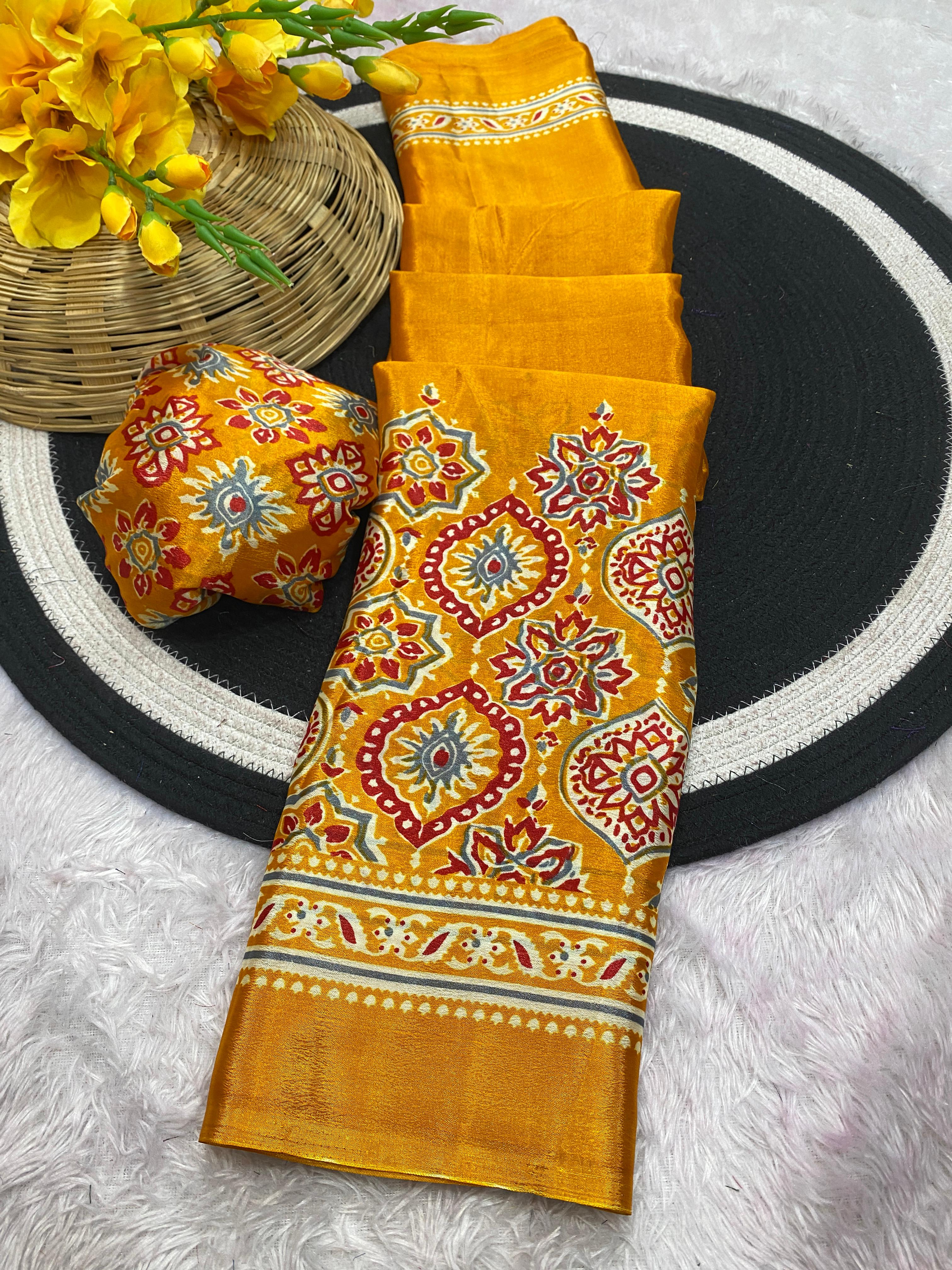Bhandani Print Moss chiffon Yellow saree with mirror work Border