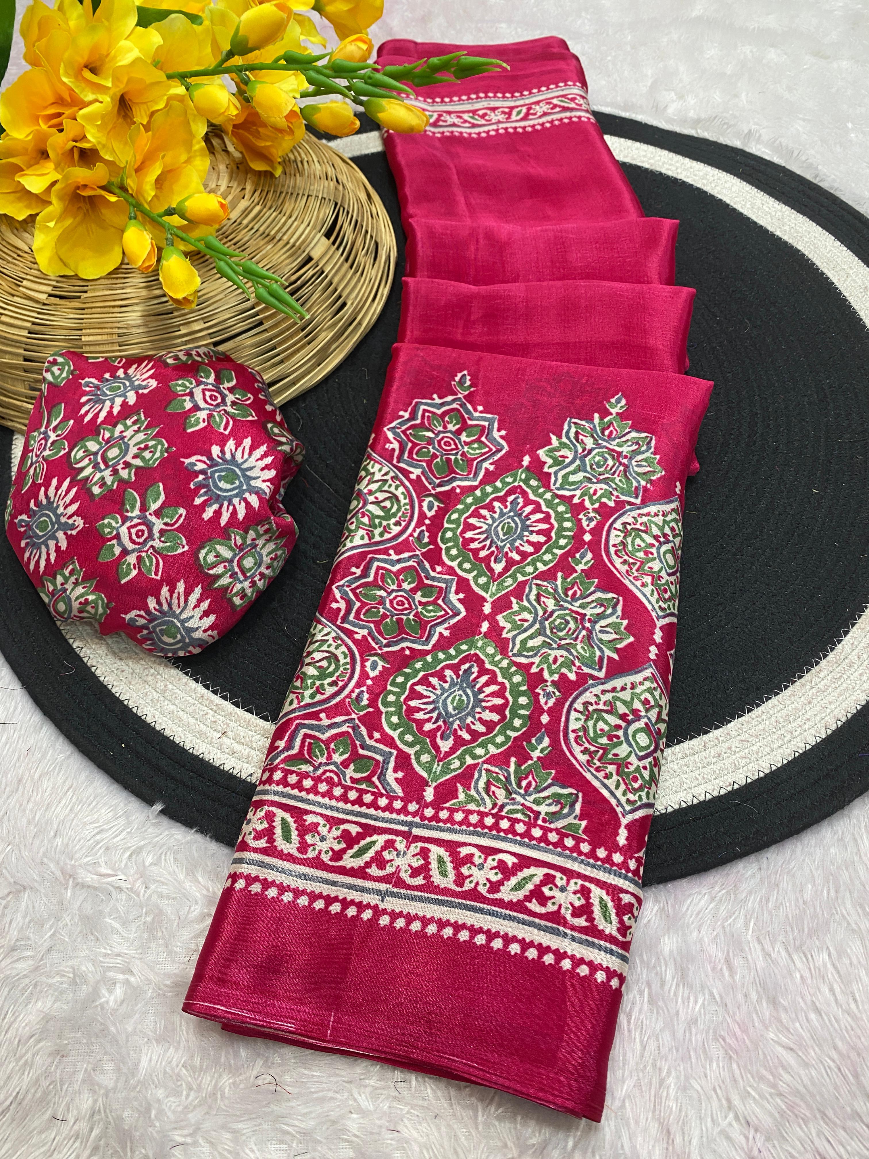 Bhandani Print Moss chiffon Pink saree with mirror work Border