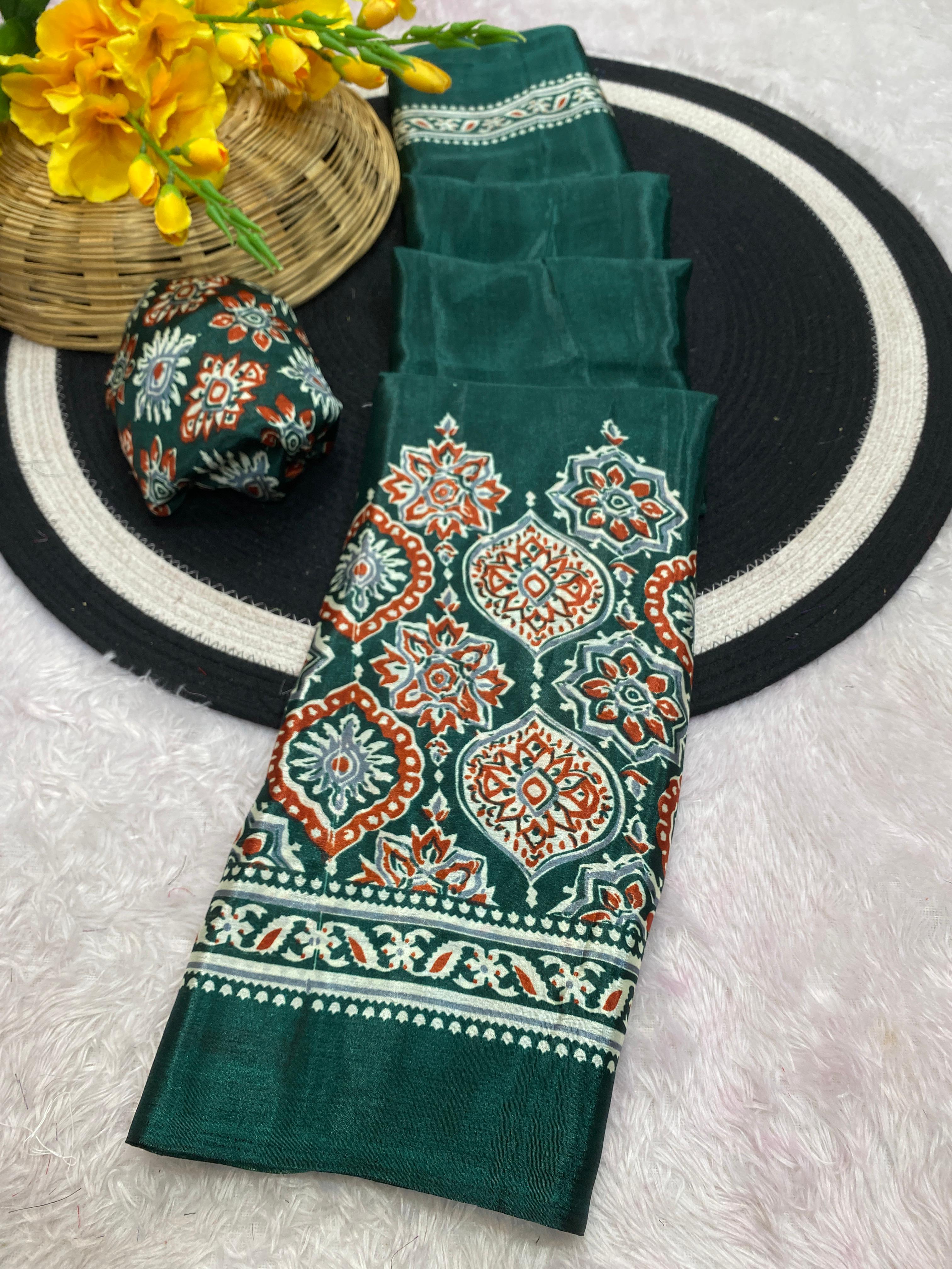 Bhandani Print Moss chiffon Green saree with mirror work Border