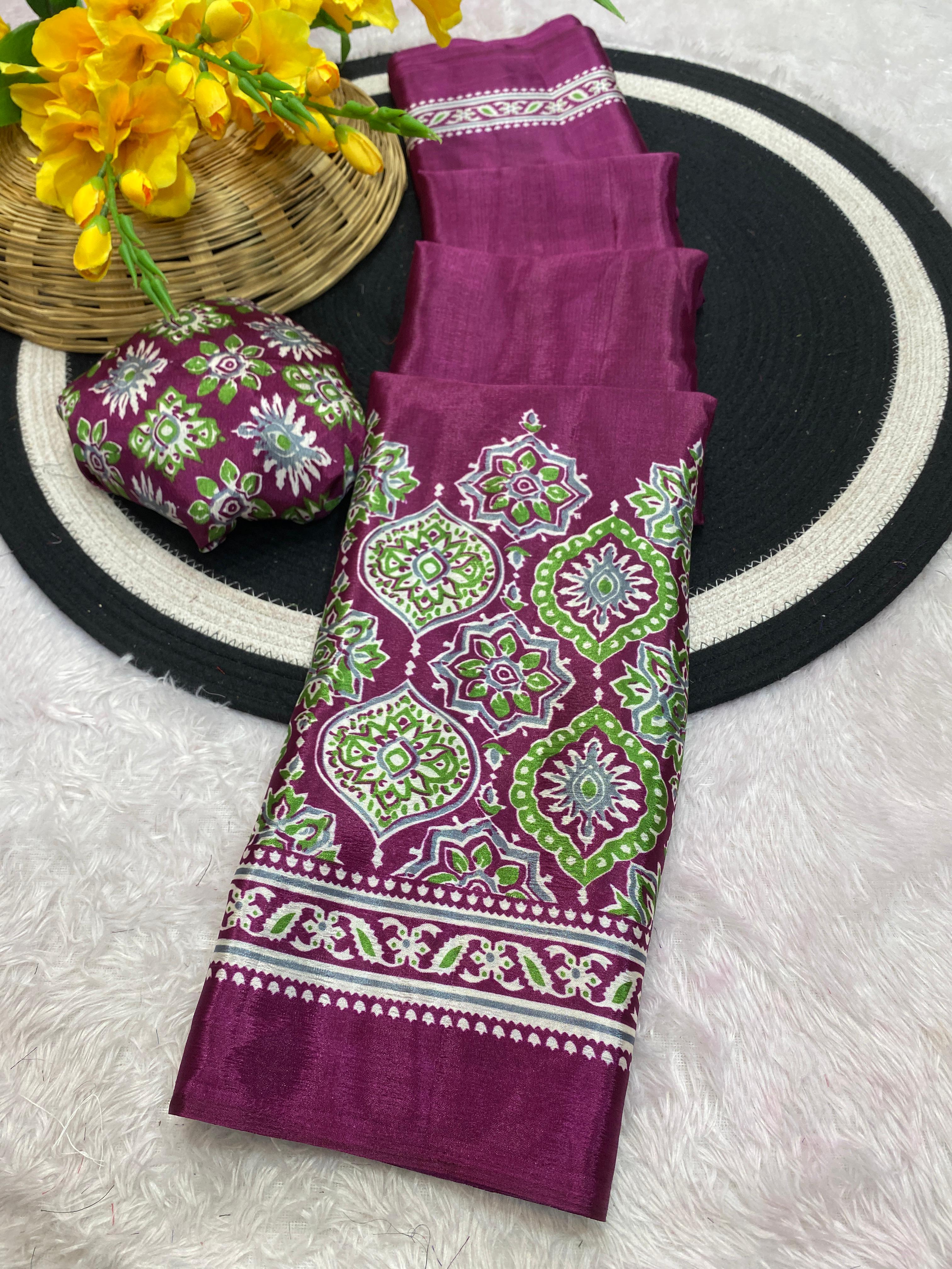 Bhandani Print Moss chiffon Wine saree with mirror work Border