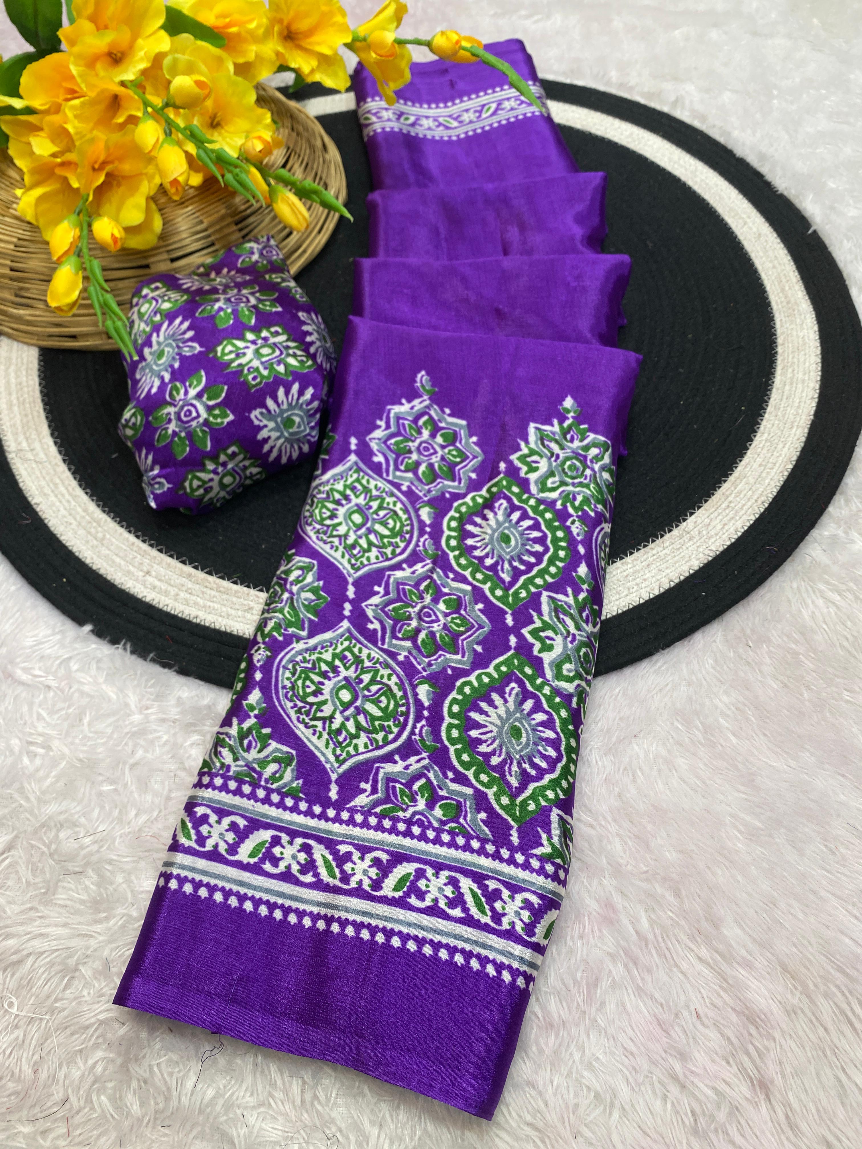 Bhandani Print Moss chiffon Purple saree with mirror work Border