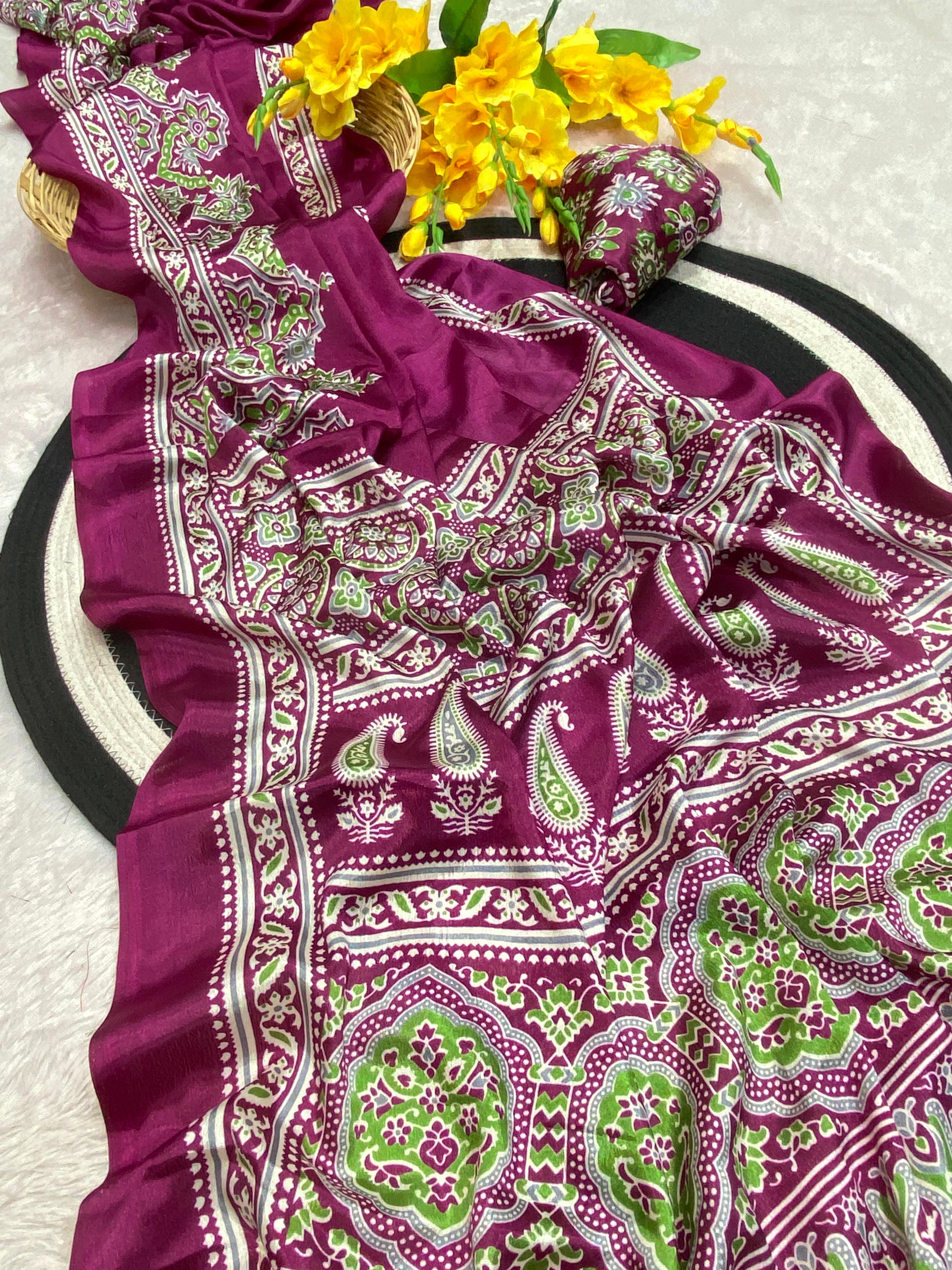 Bhandani Print Moss chiffon Wine saree with mirror work Border