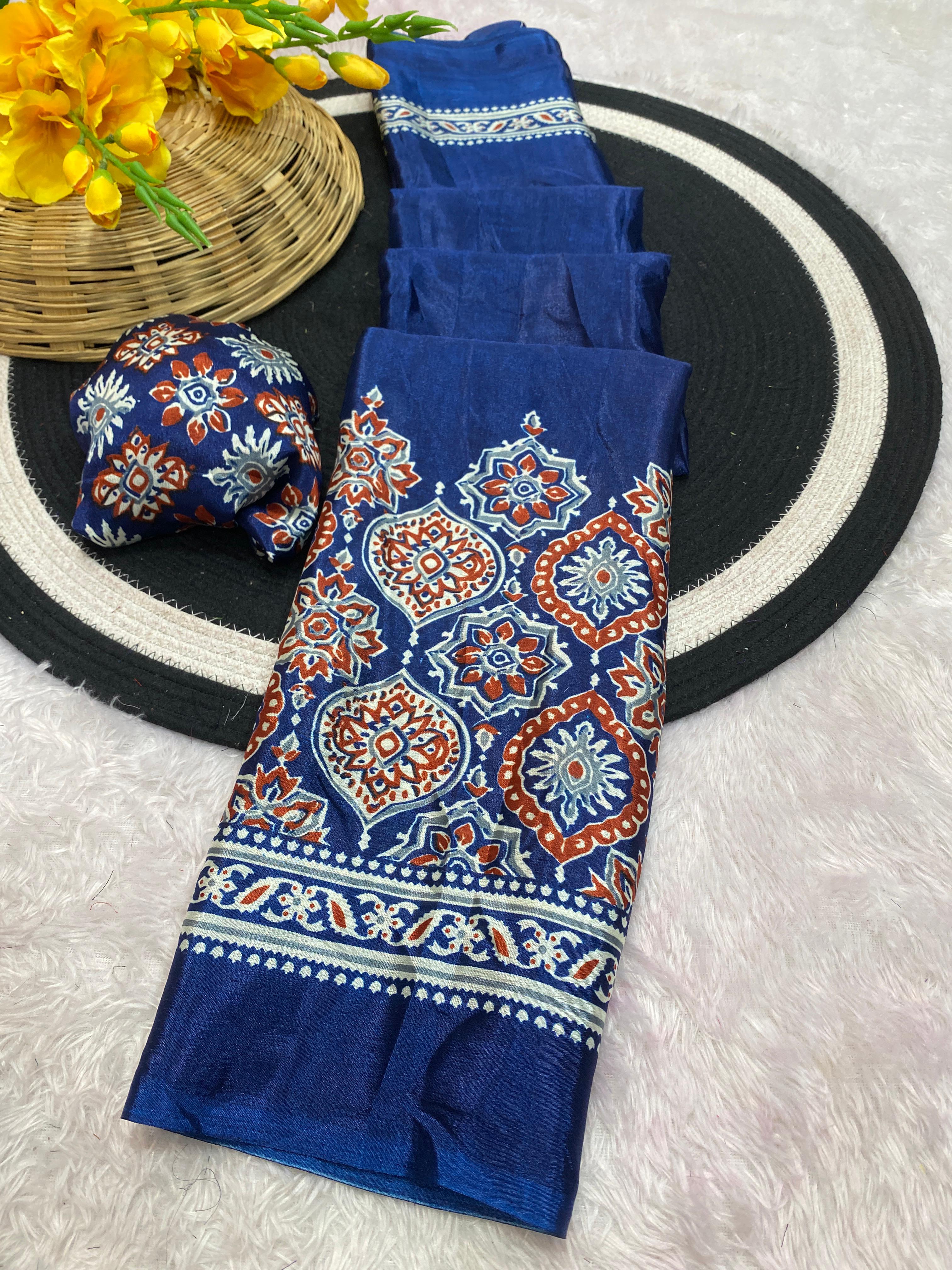 Bhandani Print Moss chiffon Blue saree with mirror work Border