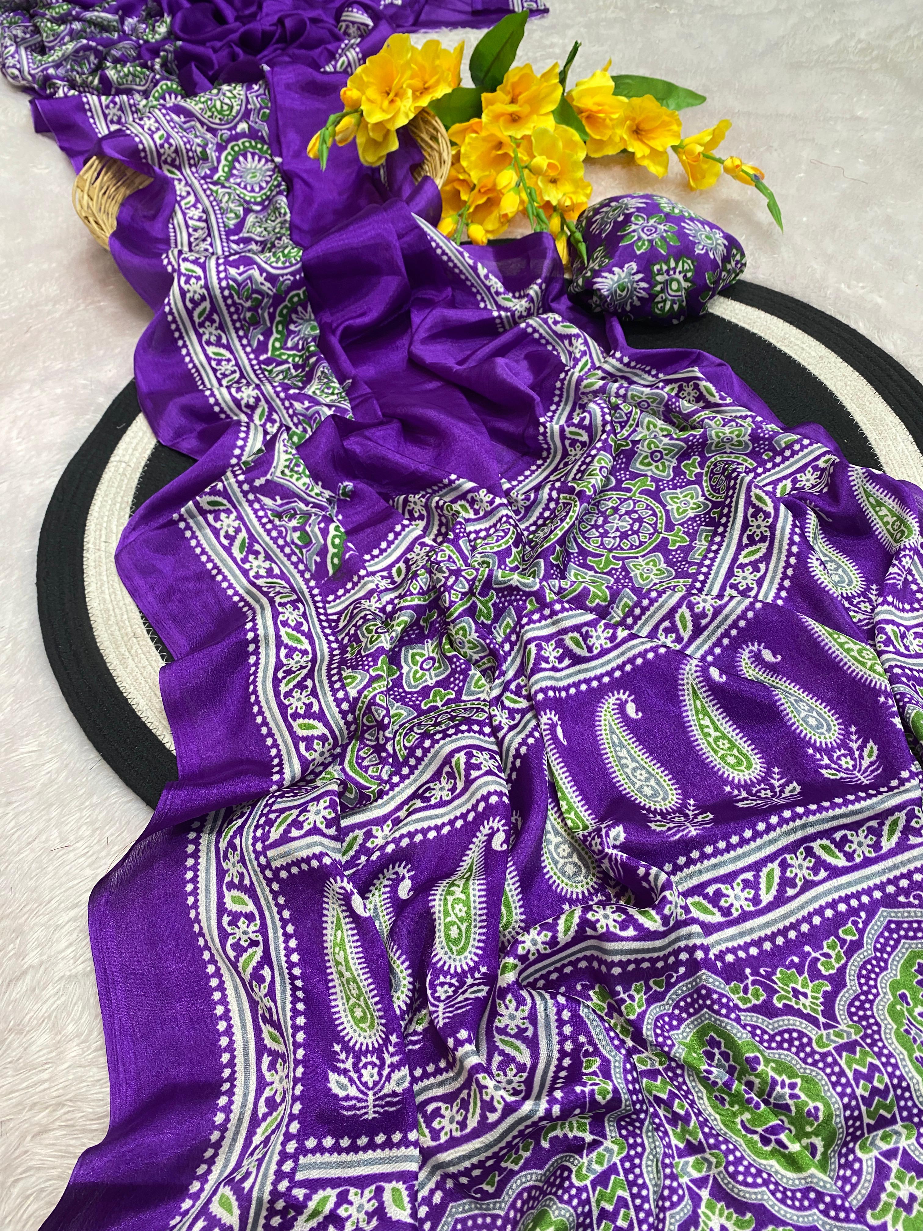 Bhandani Print Moss chiffon Purple saree with mirror work Border