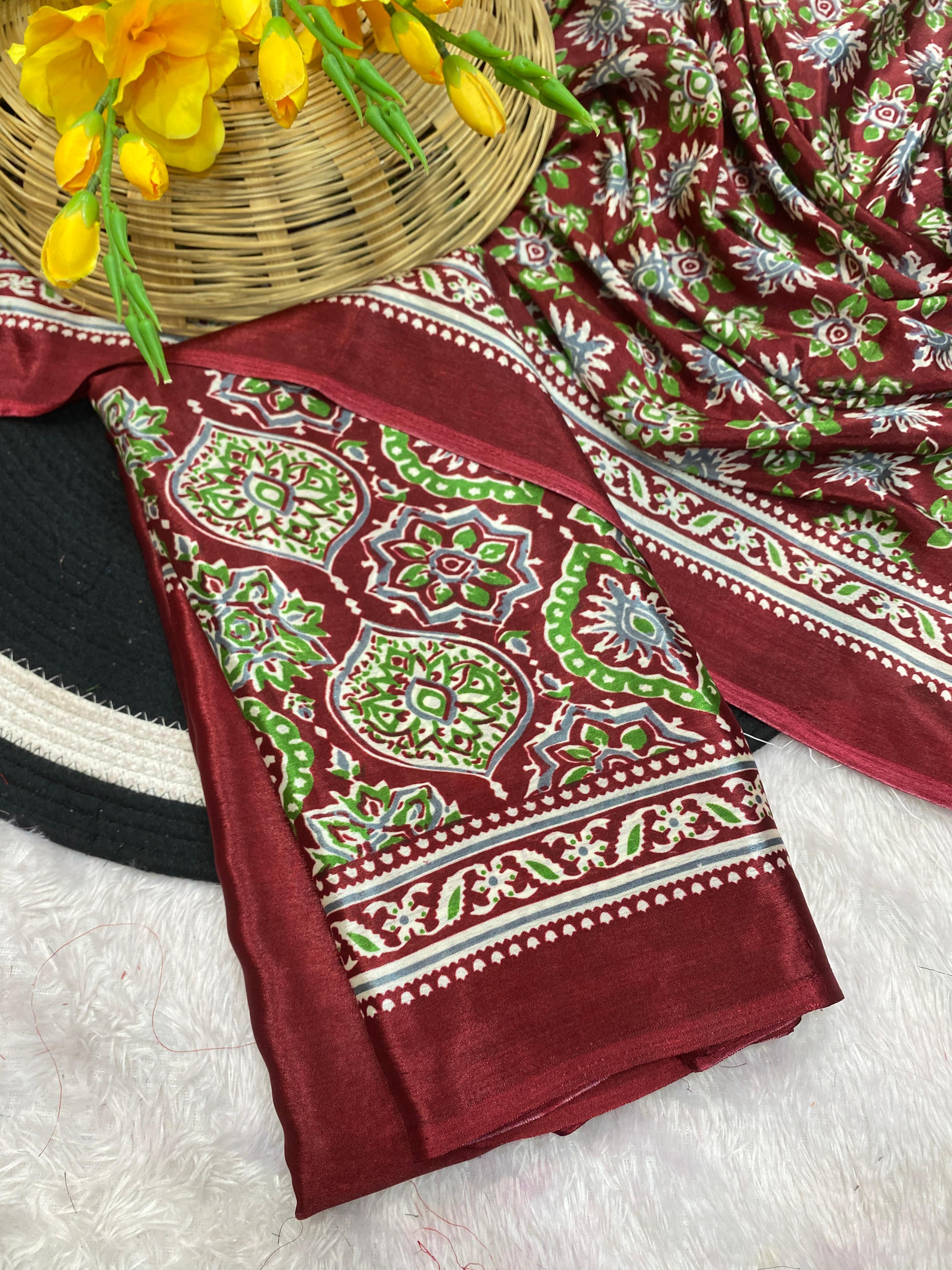 Bhandani Print Moss chiffon Maroon saree with mirror work Border