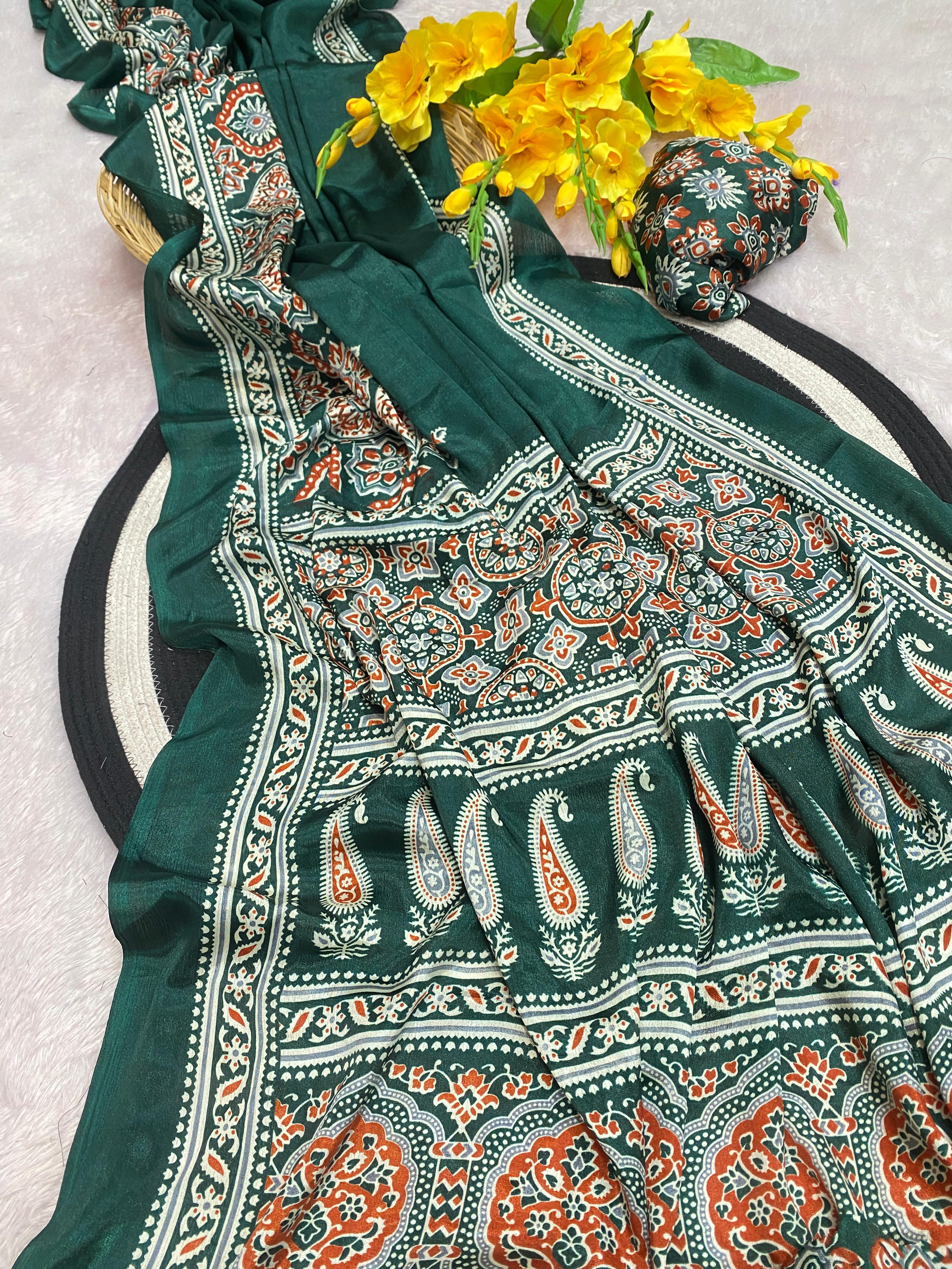 Bhandani Print Moss chiffon Green saree with mirror work Border