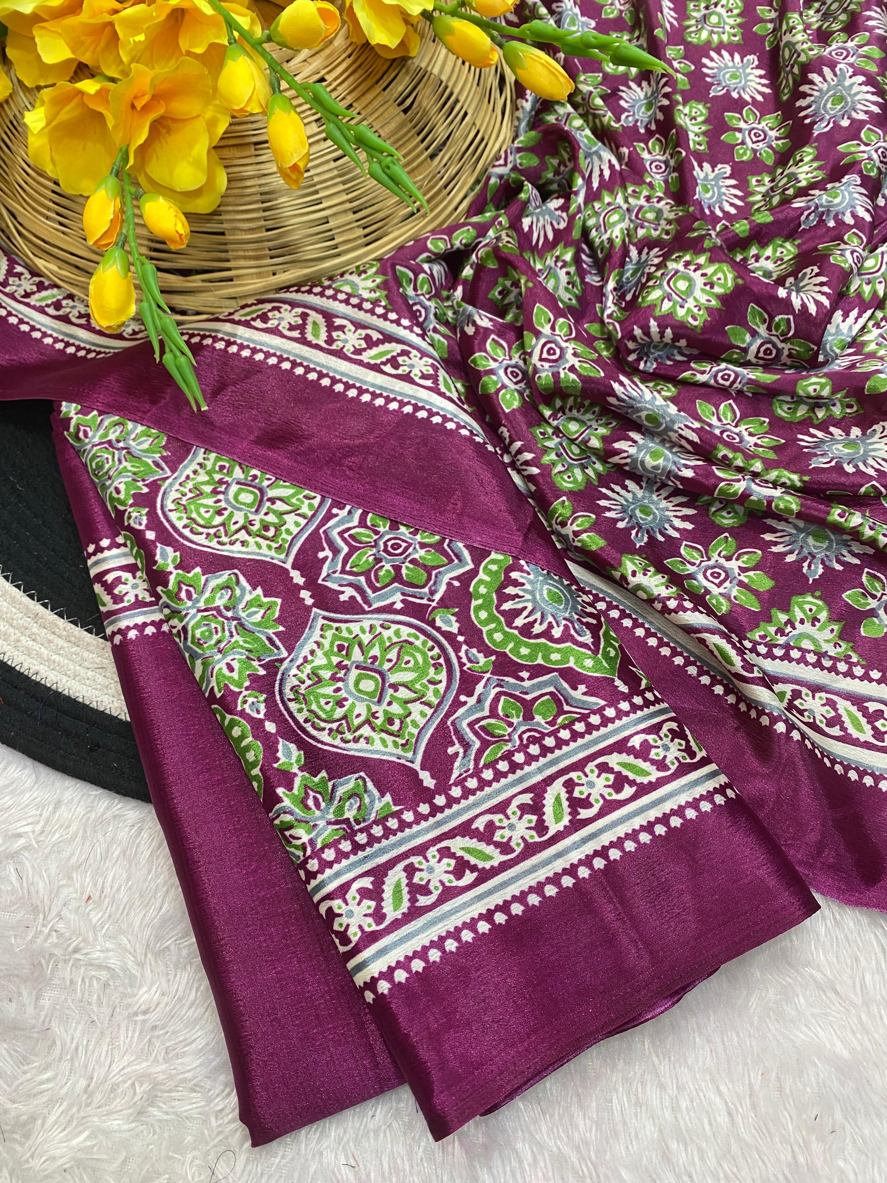 Bhandani Print Moss chiffon Wine saree with mirror work Border