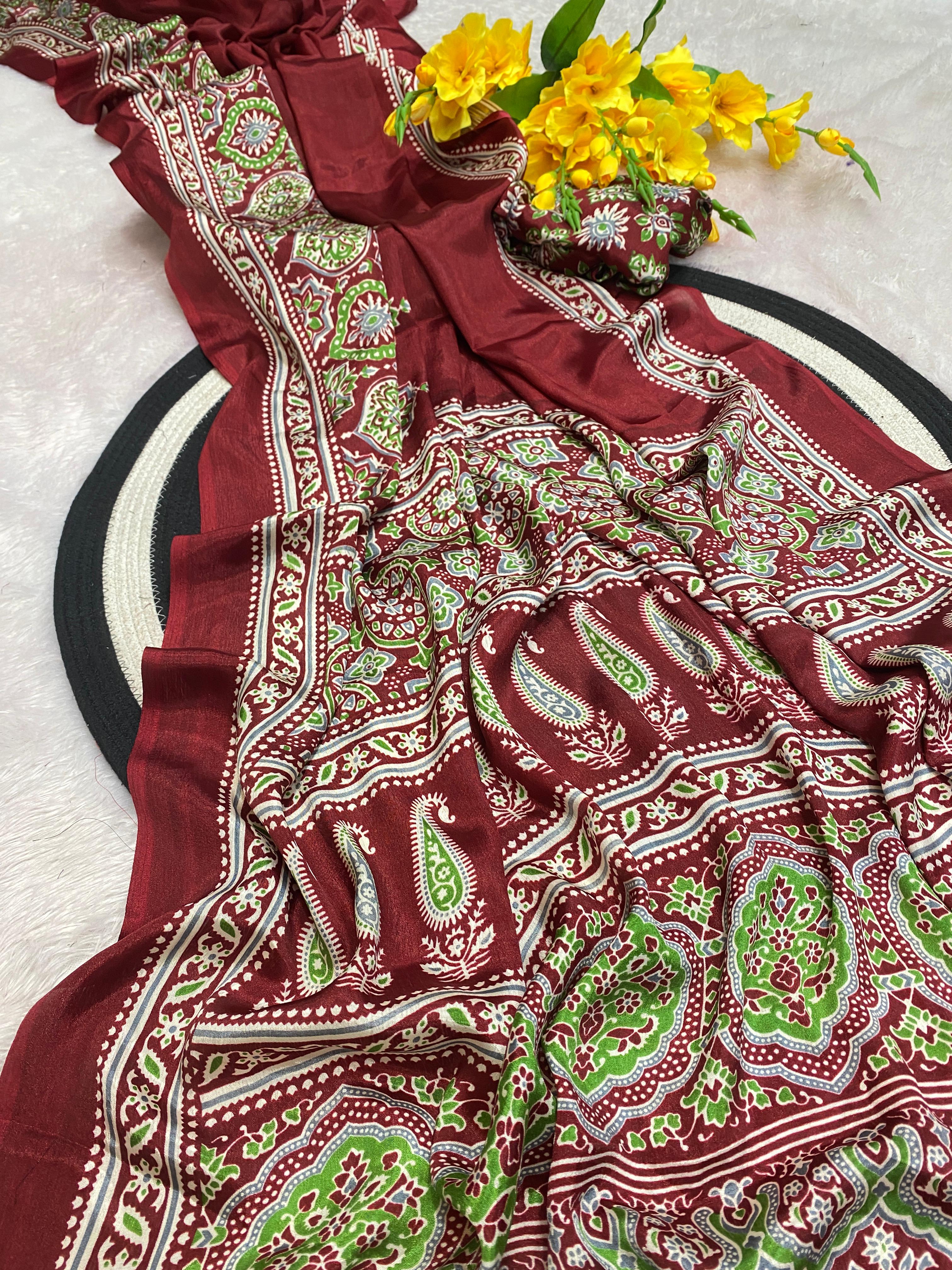 Bhandani Print Moss chiffon Maroon saree with mirror work Border